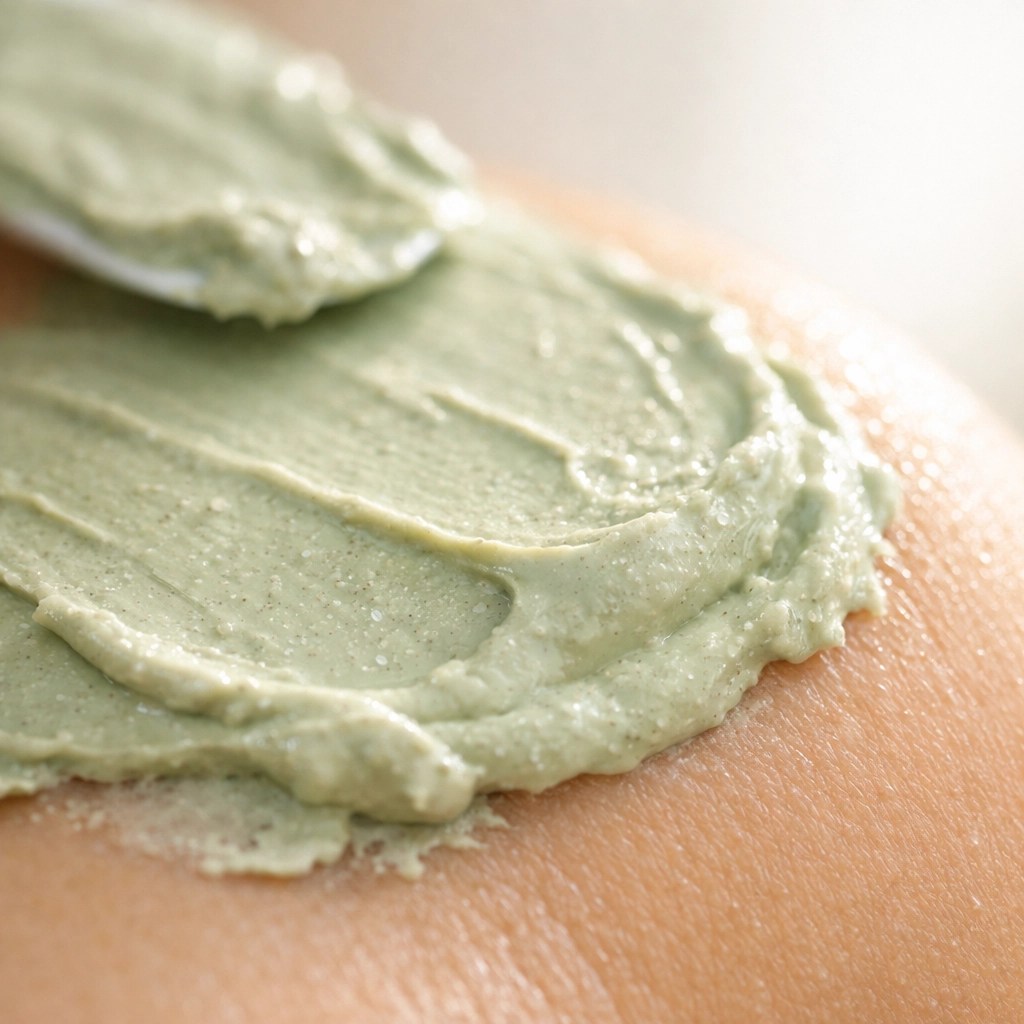 Creamy green healing clay spread over skin to soothe psoriasis inflammation and reduce itching naturally.