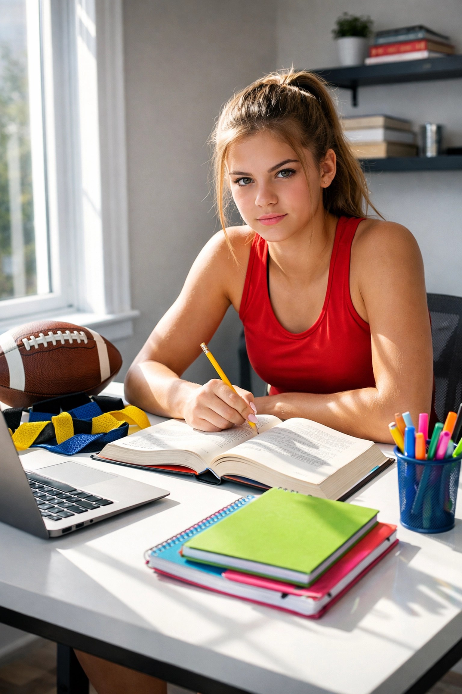 Student-athlete balancing academics and flag football training with books and equipment