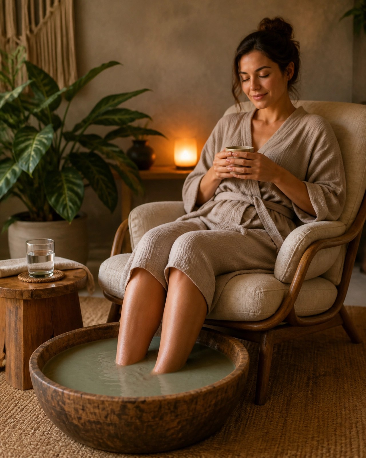 A person enjoying a detoxifying clay foot soak