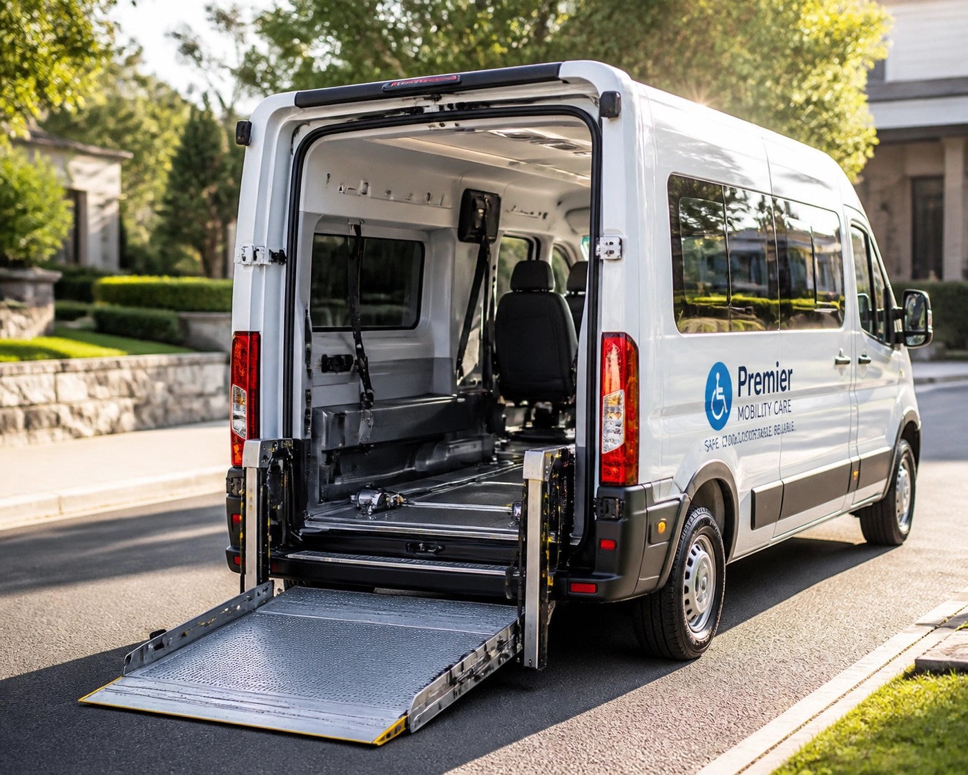 Modern NEMT vehicle with a hydraulic lift and wheelchair ramp parked in a suburban neighborhood.
