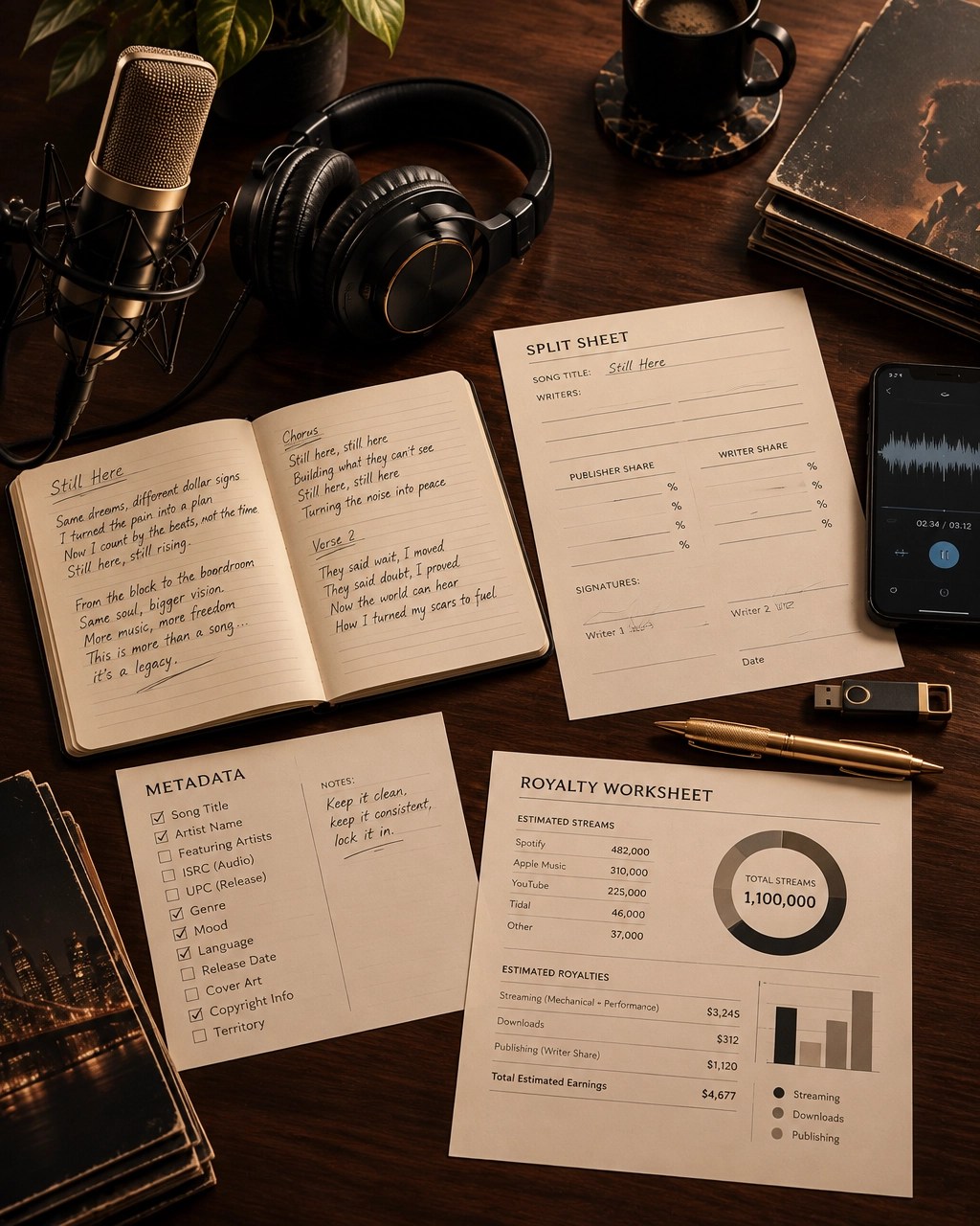Dark editorial workspace with a split sheet, metadata checklist, and royalty worksheet beside recording equipment