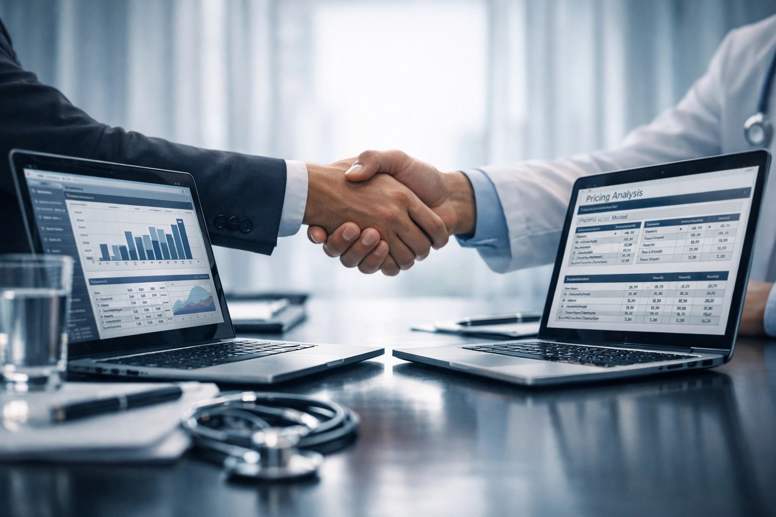 Healthcare business partners shaking hands over value-based care pricing and financial alignment strategy