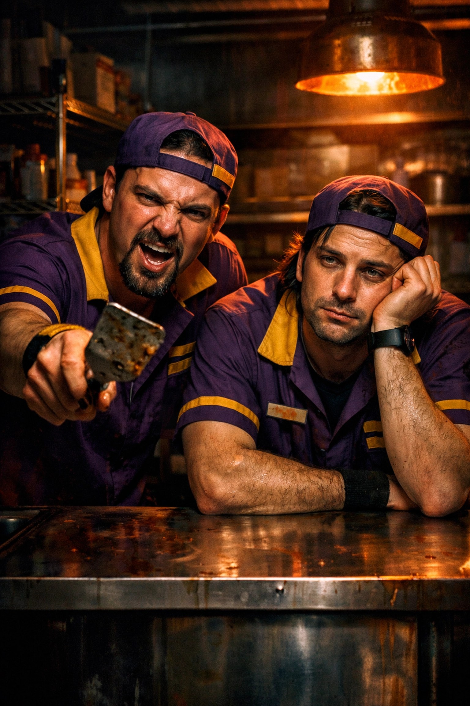 Dante and Randal in purple and yellow Mooby's uniforms arguing in the kitchen in Clerks II.