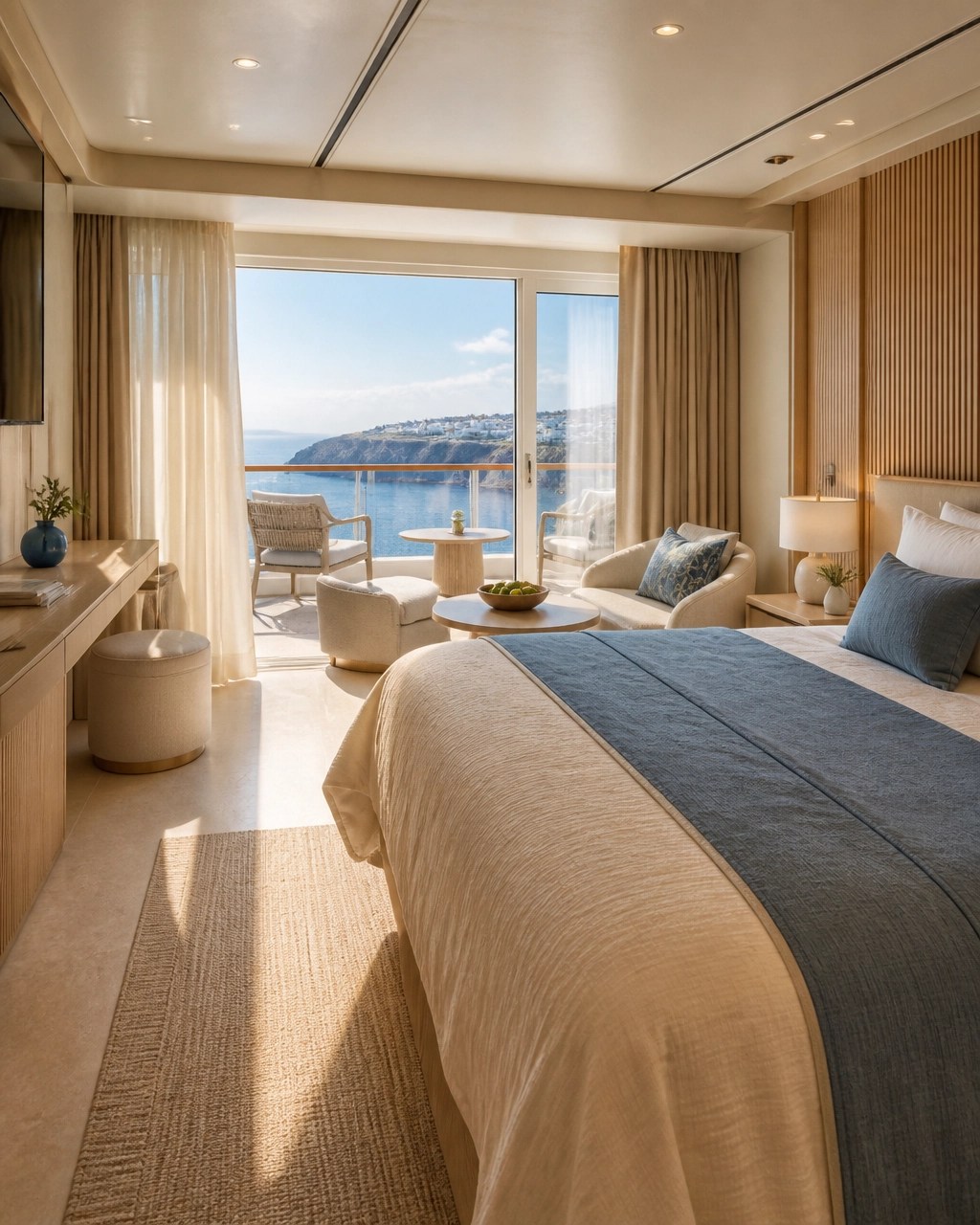Elegant cruise suite with a private balcony overlooking the Aegean Sea