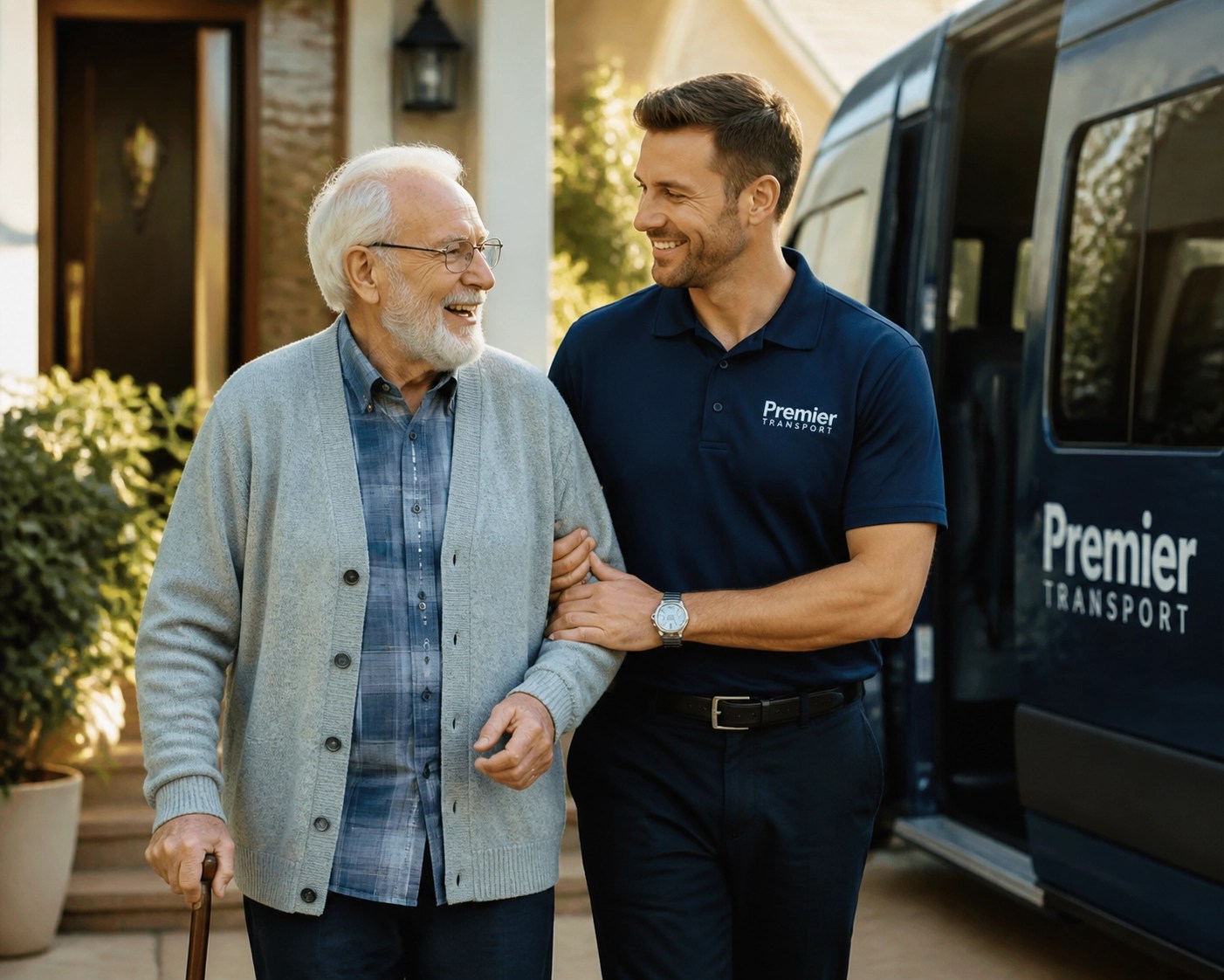 A professional NEMT driver providing door-to-door assistance to an elderly man for his medical appointment.