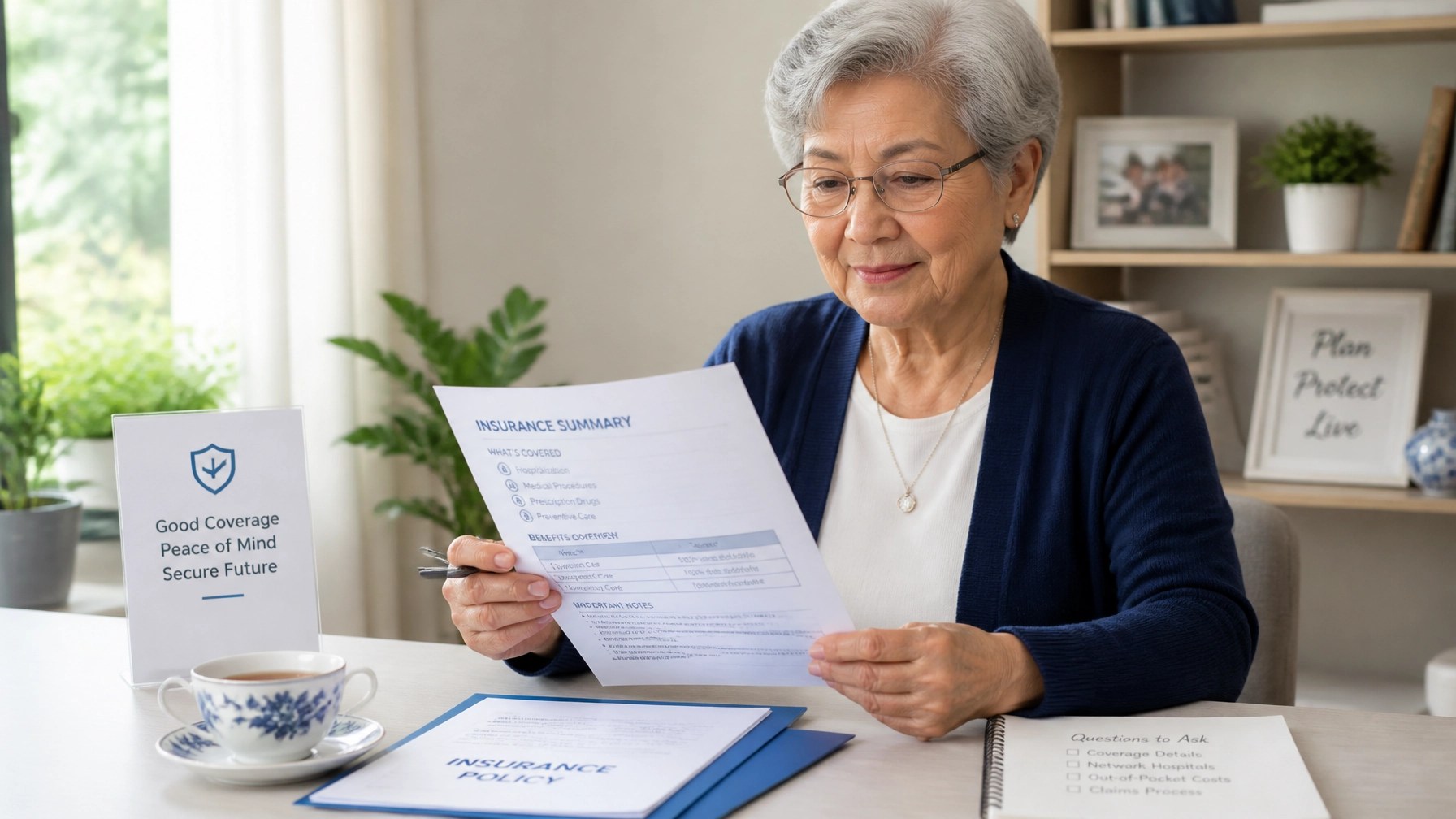 A senior person calmly reviewing insurance documents at a clean desk with a cup of tea