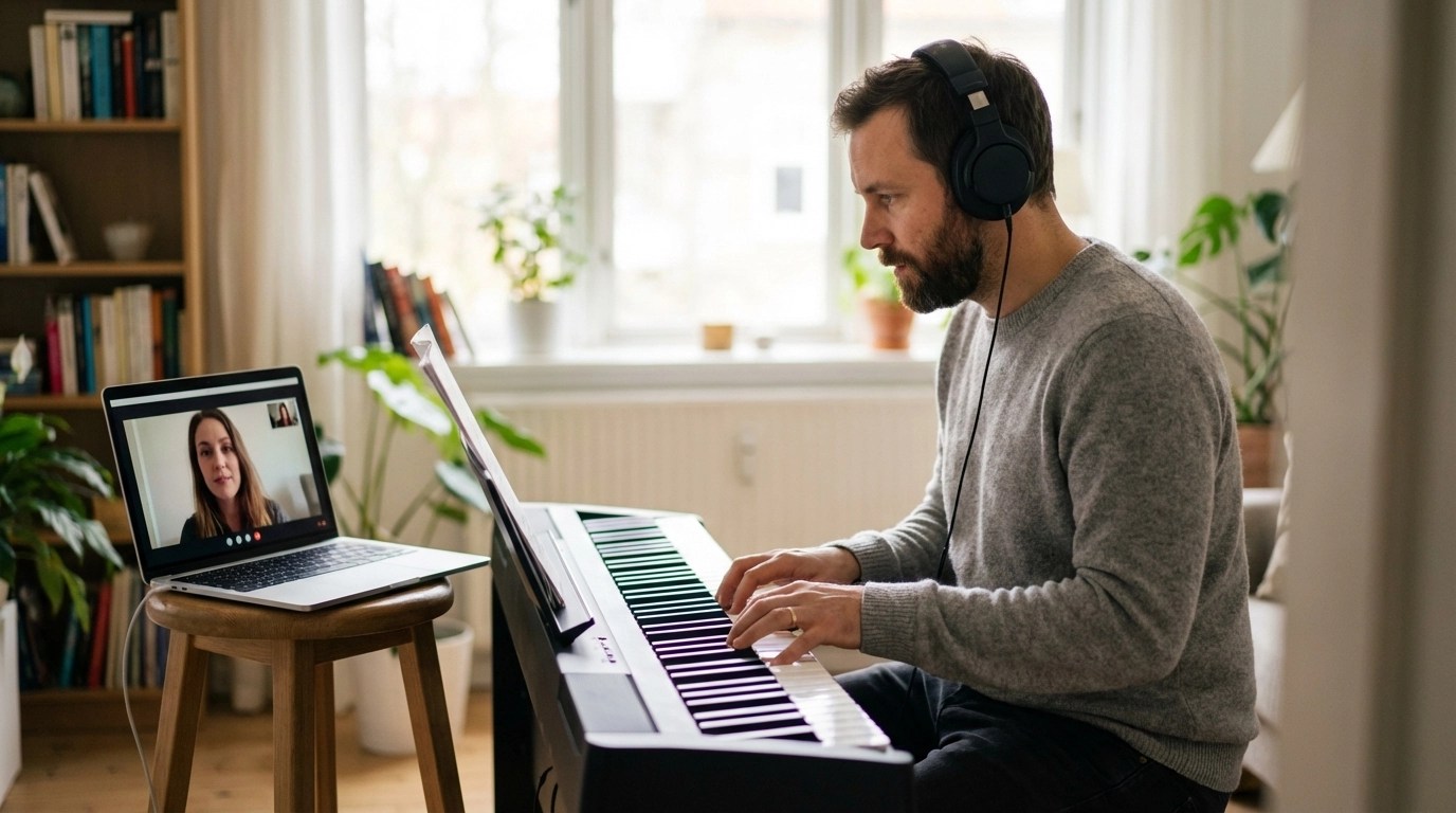 Split scene showing online and in-person piano lessons, comparing learning environments for students