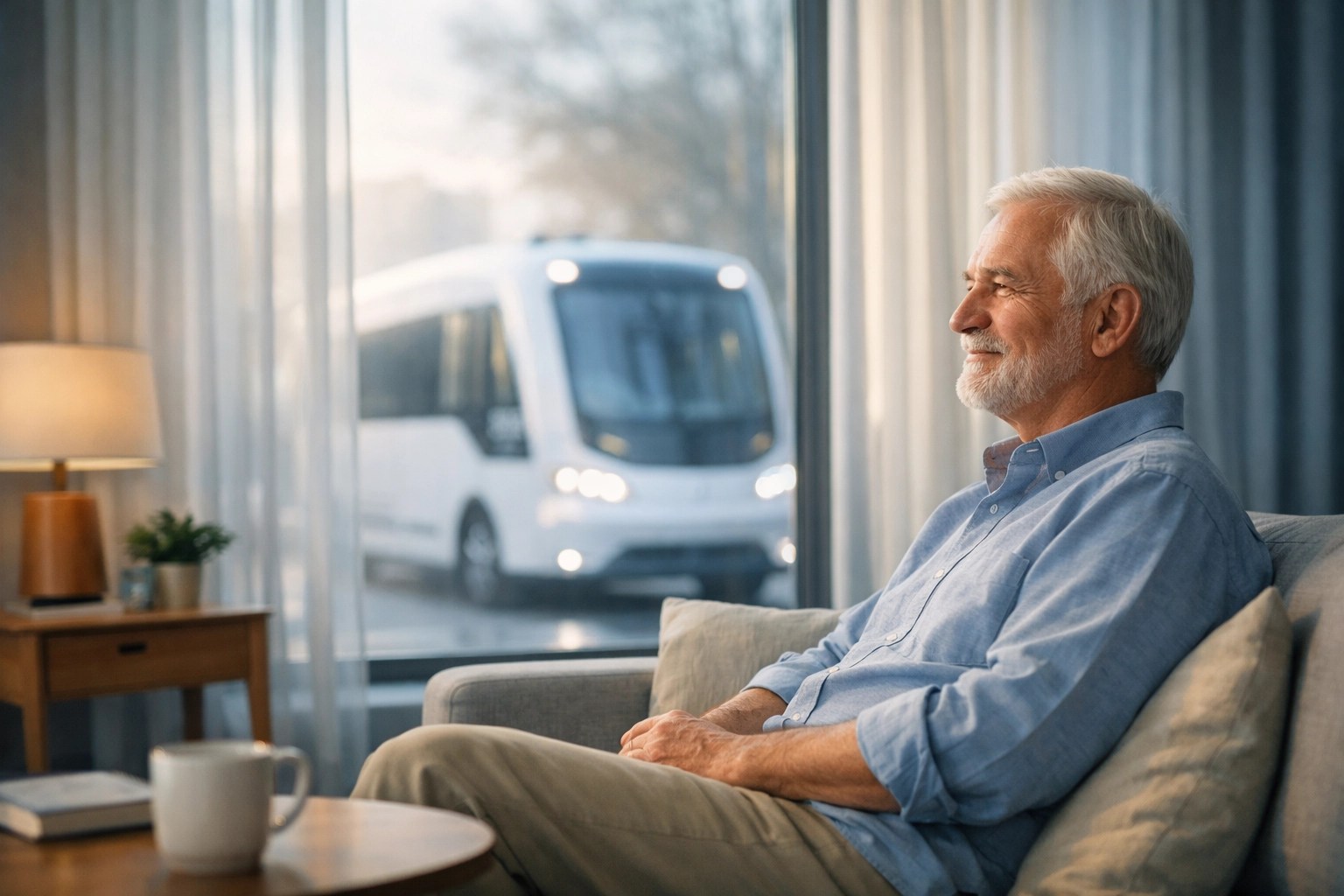 A senior man looking out a window as a reliable medical transport vehicle arrives on time for an appointment.