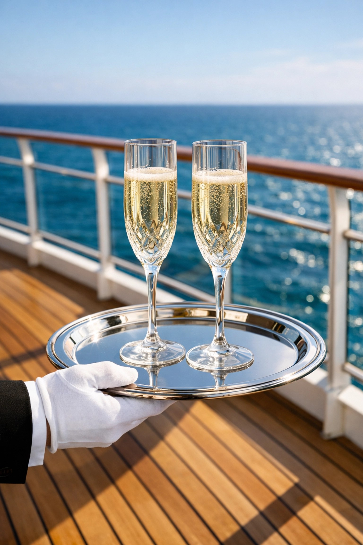 White-glove service with champagne on a luxury cruise ship deck, part of the Signature Collection.