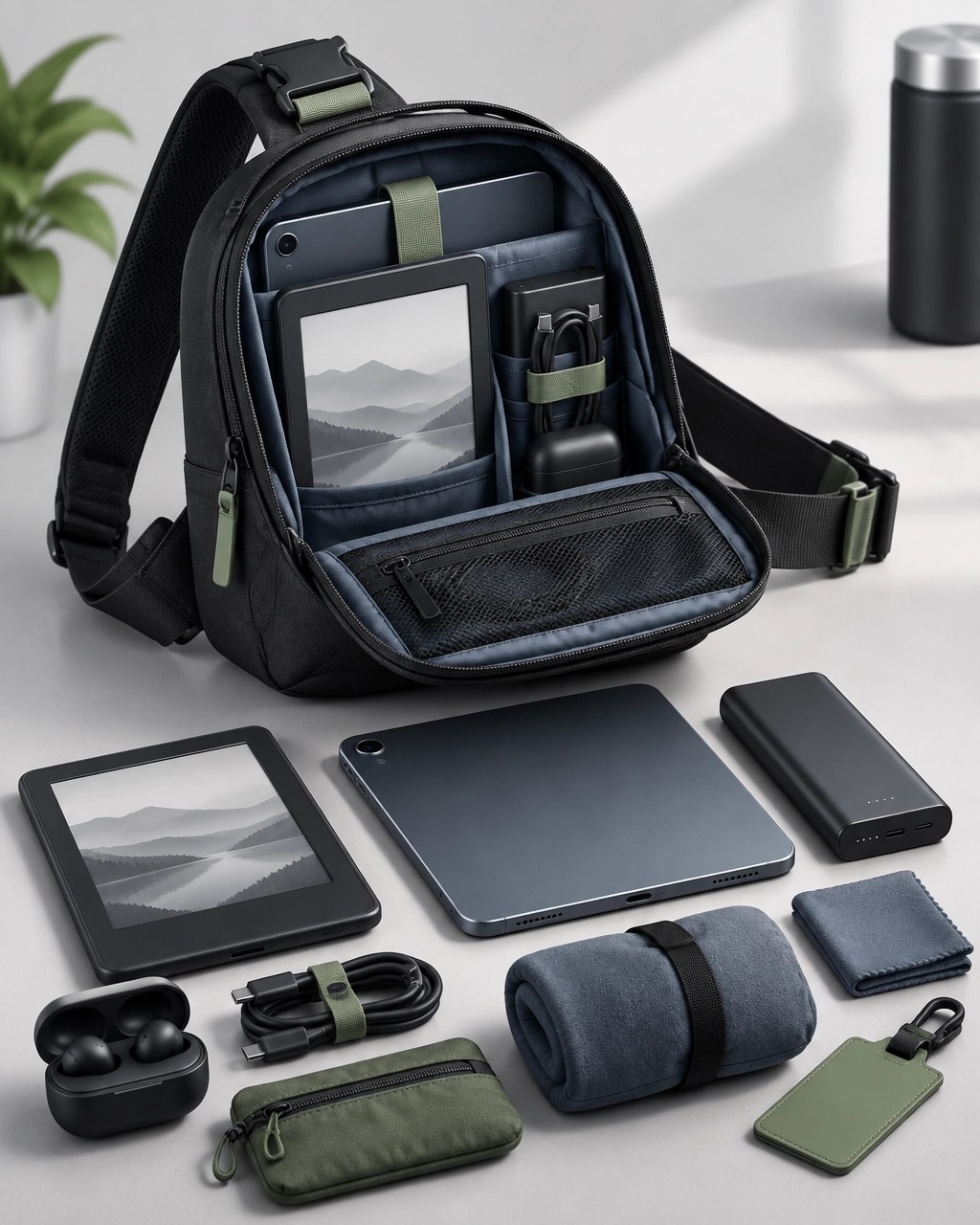 Modern 3D illustration of a Kindle sling bag carrying a Kindle, compact tablet, cables, power bank, and compact audio accessories
