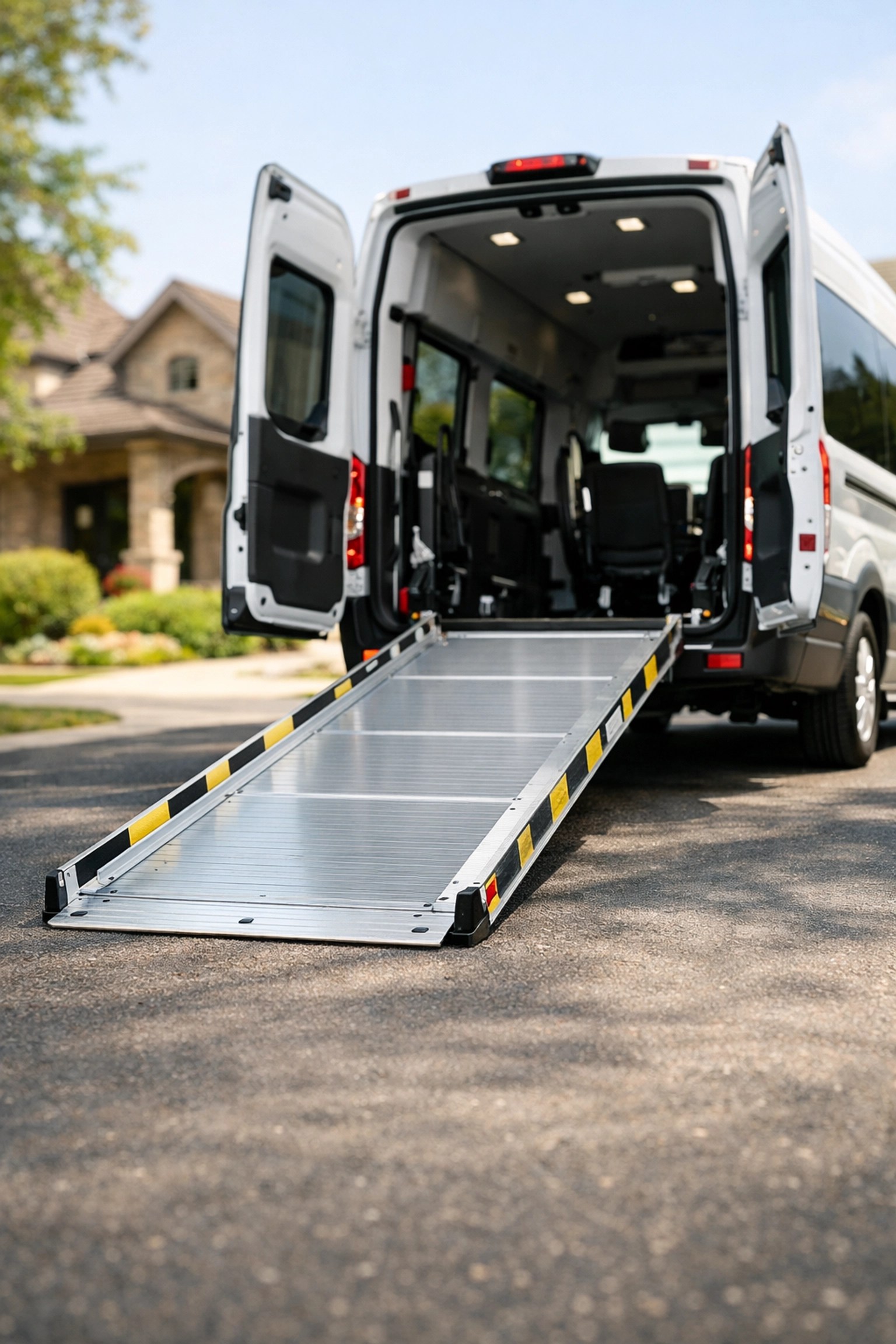 White NEMT transport vehicle with a wheelchair ramp extended for accessible medical rides.