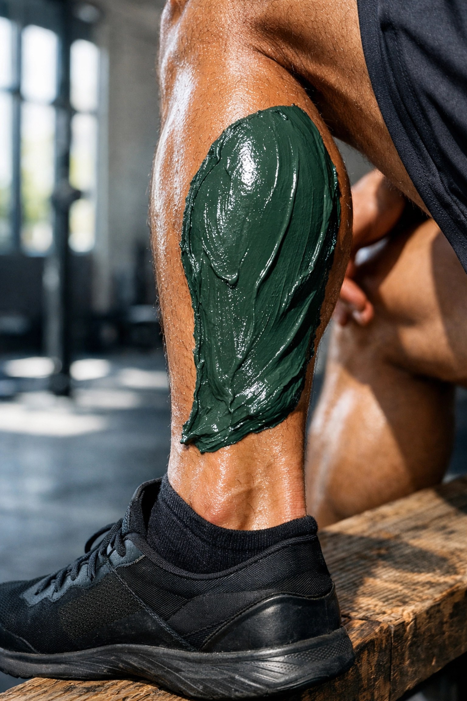 Muscular athlete applying green healing clay to their calf for professional post-workout sports recovery.