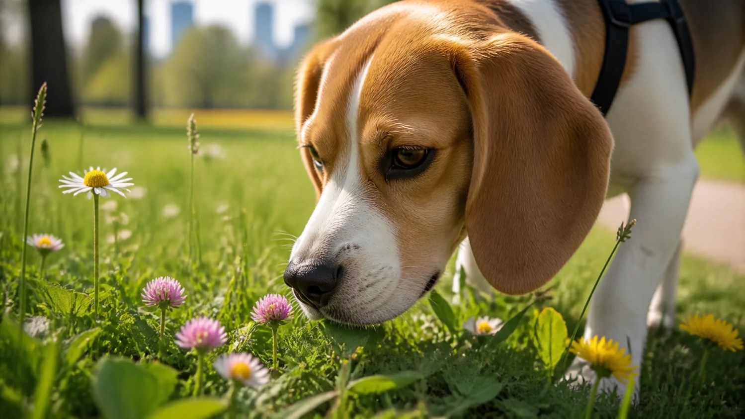 A curious beagle intensely sniffing wildflowers in a sunny park, illustrating the sensory enrichment and mental stimulation of scent work.