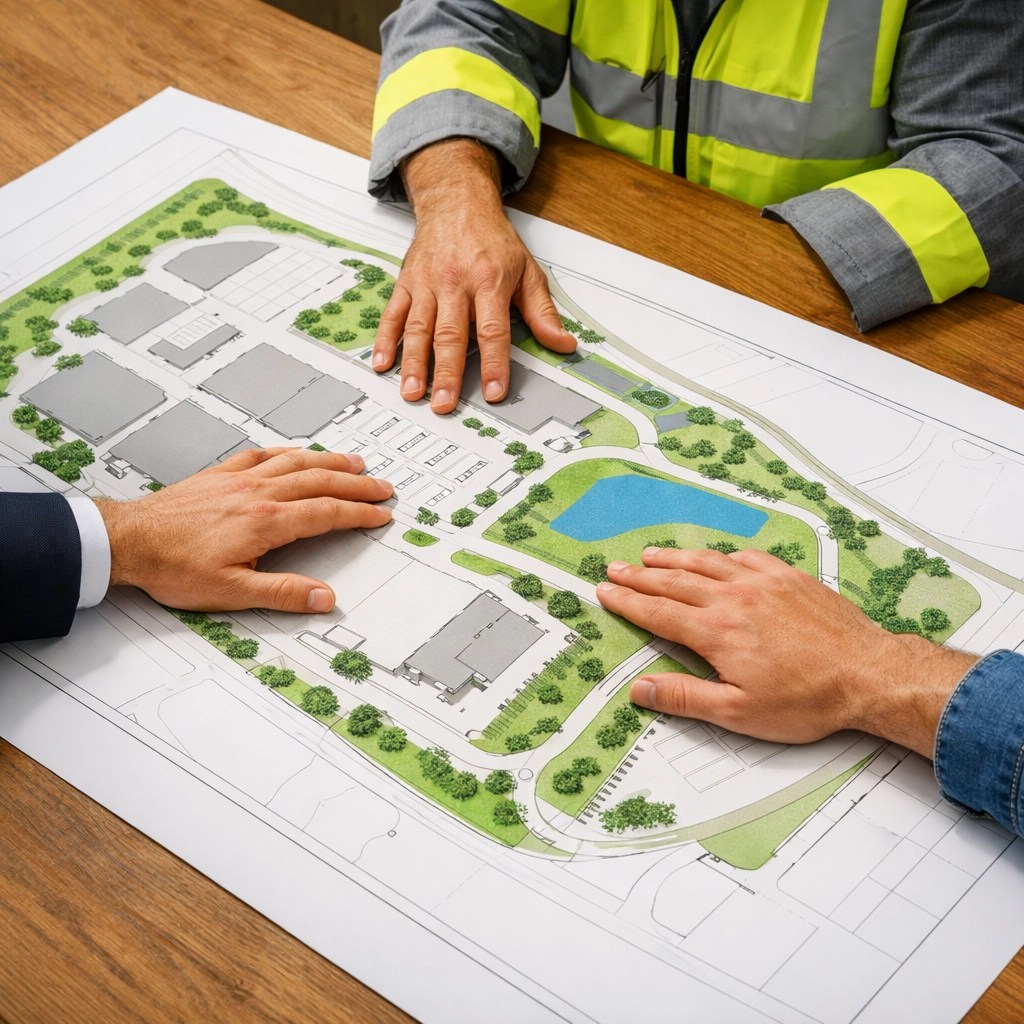 Diverse Georgia business professionals collaborating on a site plan, representing workforce growth and teamwork.