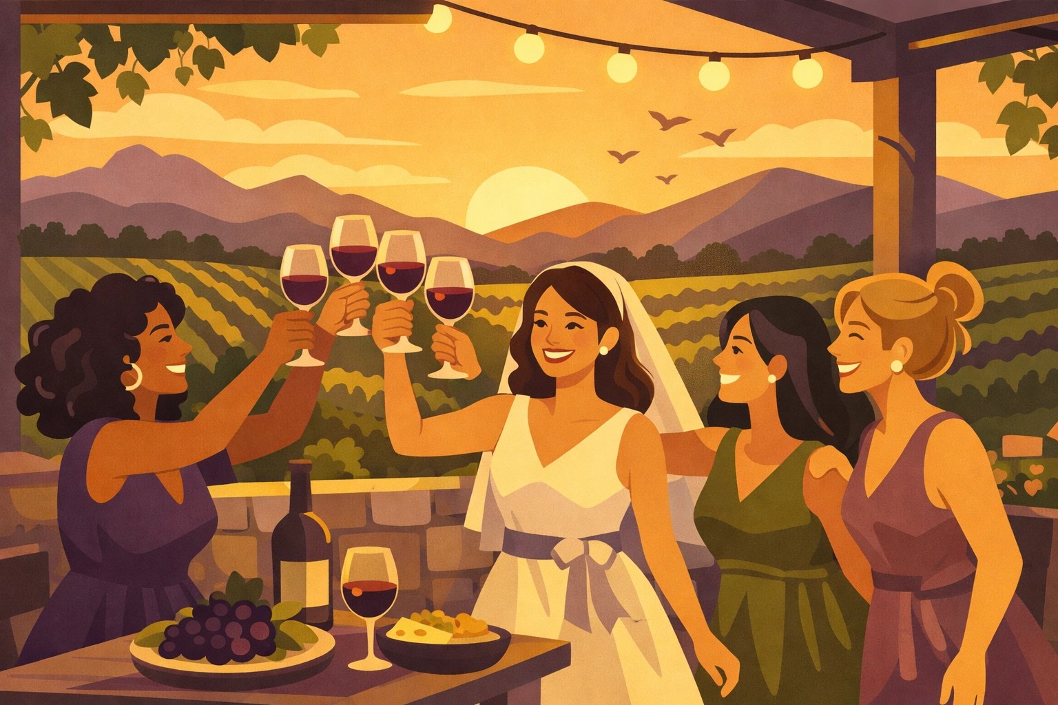Bachelorette party group toasting at sunset on Loudoun vineyard patio