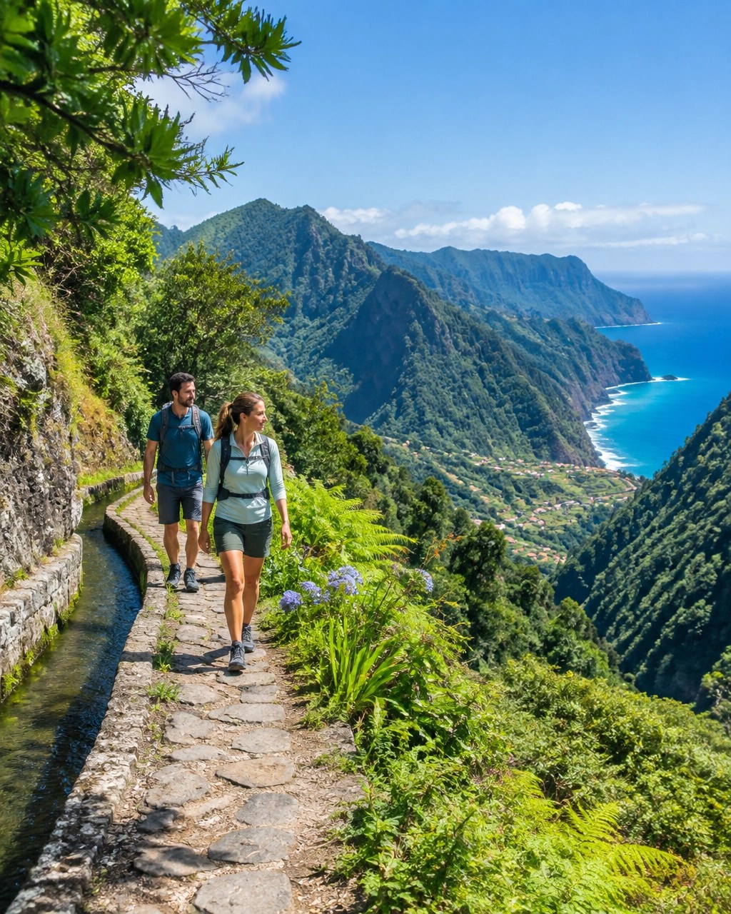 Couple walking a lush Madeira levada trail above the Atlantic