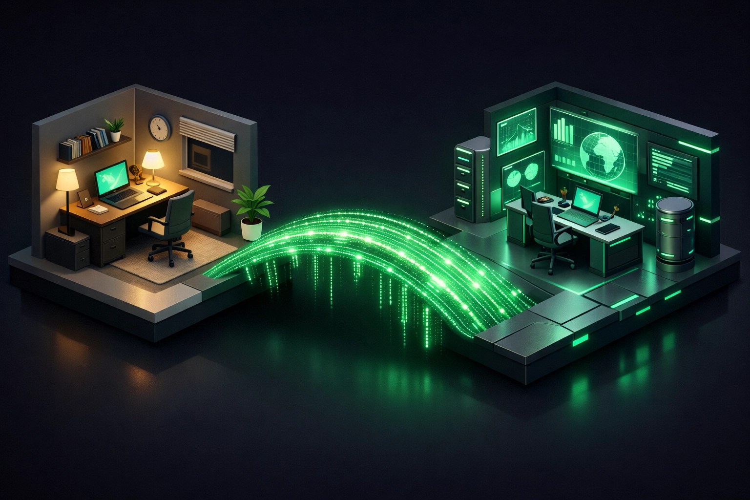 Illustration showing a home office securely connected to remote IT support services via digital data streams.