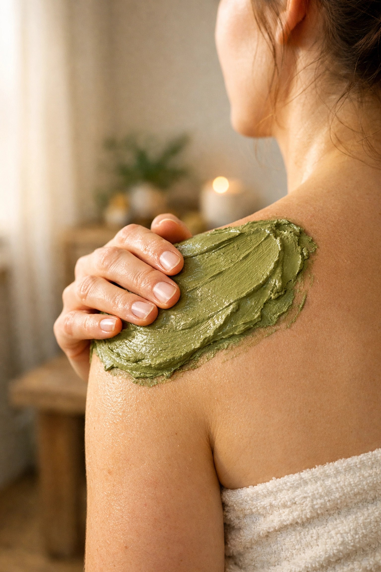 Applying natural green clay paste to a sore shoulder for muscle recovery and fast pain relief.