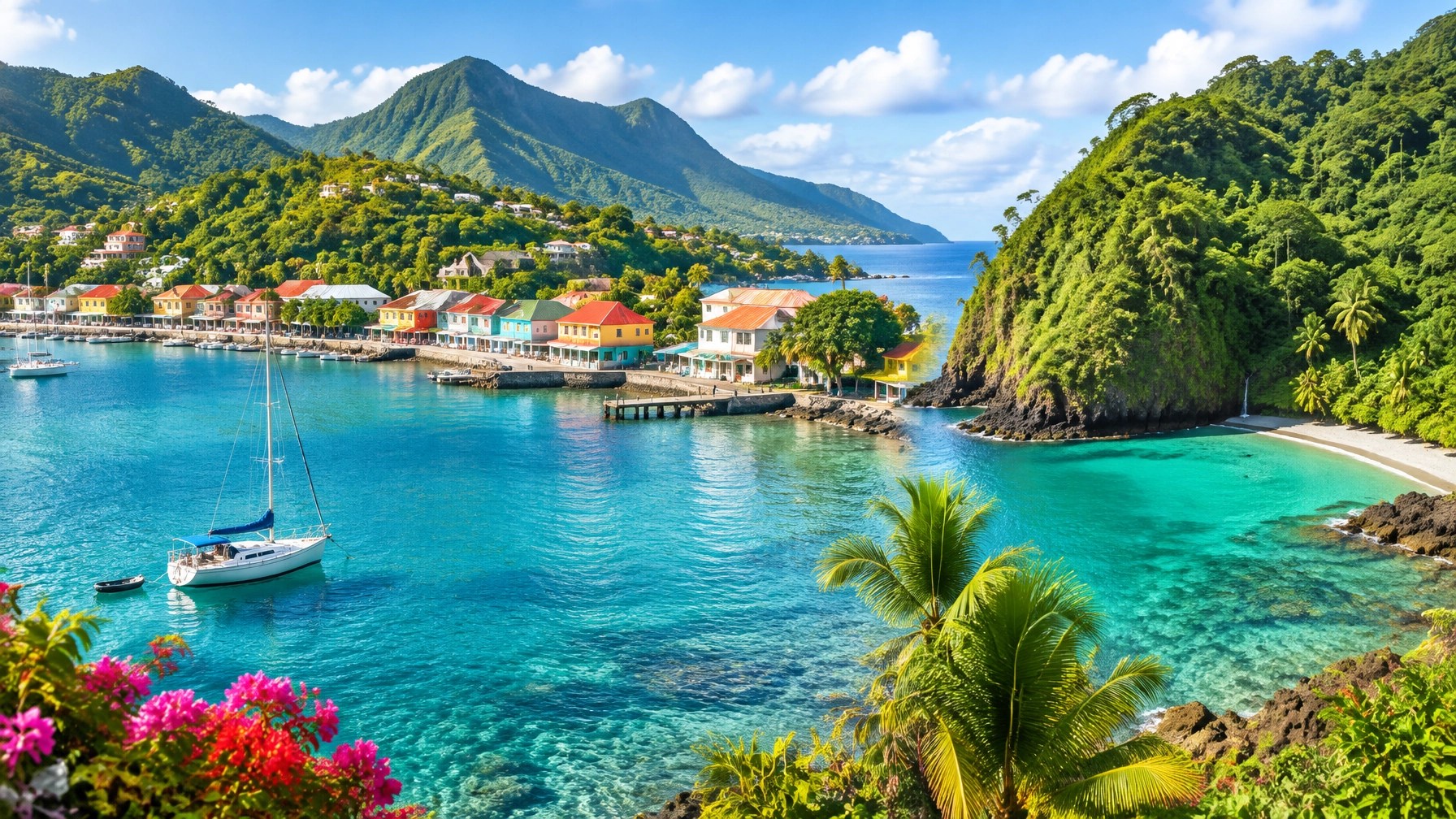 Bequia and Dominica with a quiet turquoise bay, small sailboat, colourful waterfront and lush rainforest