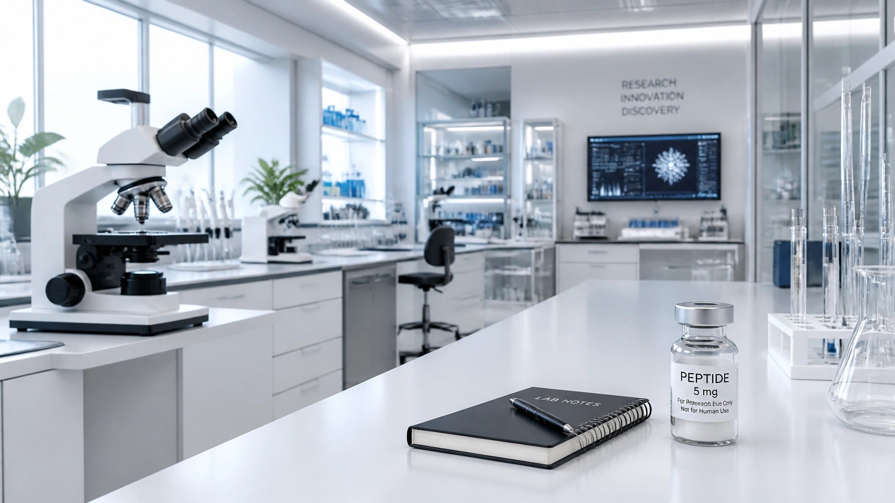 A wide shot of a modern, high-tech research laboratory with clean white benches and a peptide vial