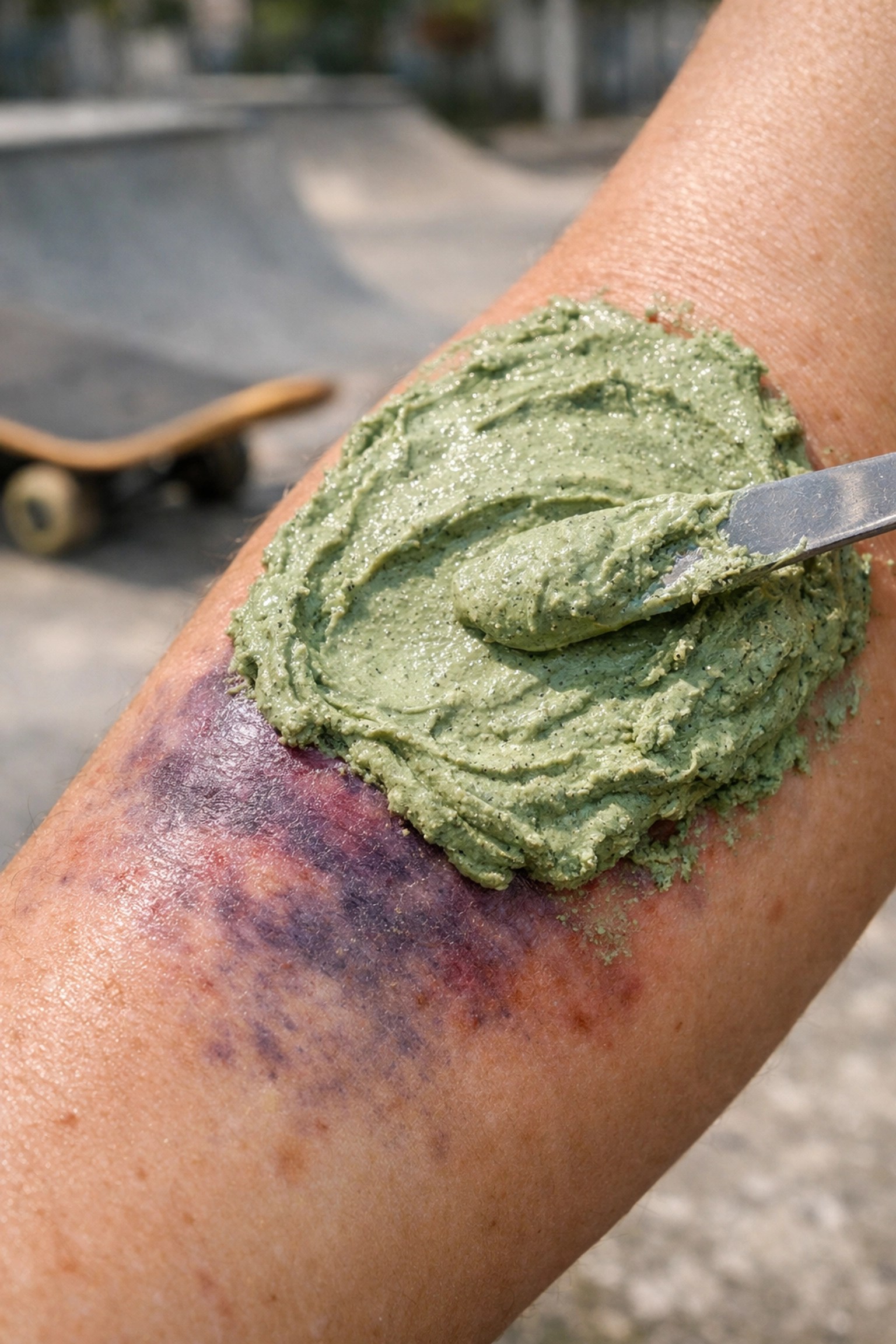 Green mineral clay applied to a bruised forearm for natural skateboard injury recovery at a skatepark.