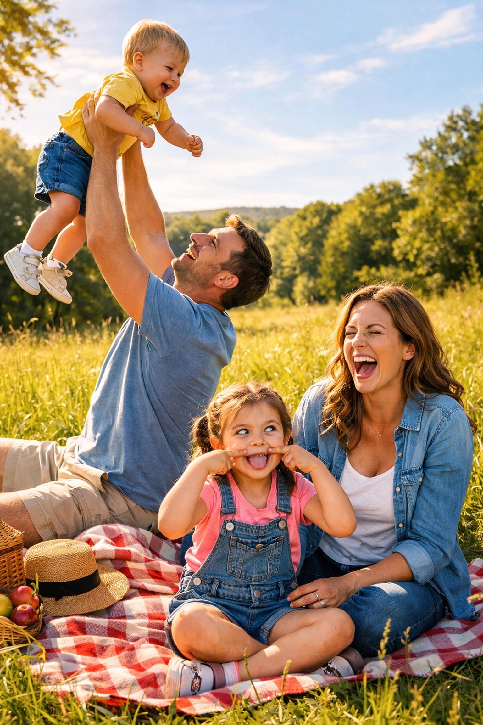 Candid family portrait session in a sunny meadow with parents and children laughing and playing together.