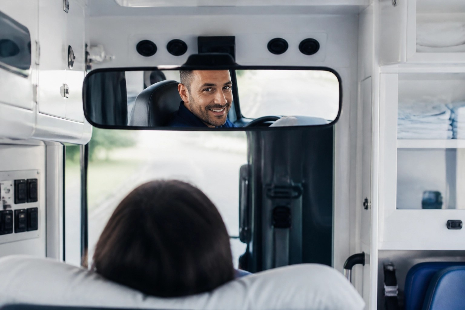 Professional medical transport driver smiling in the rearview mirror of a clean vehicle interior.