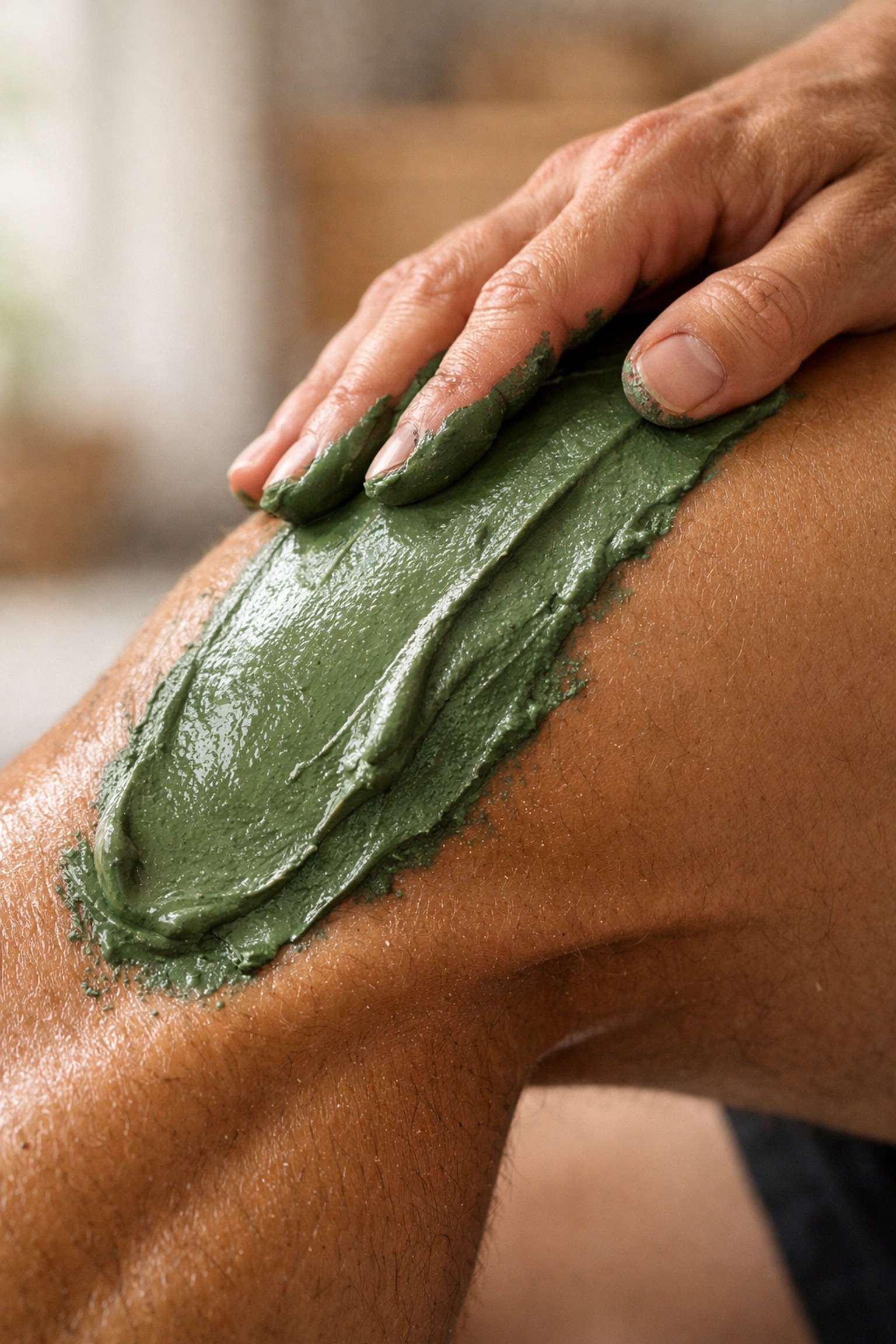 Athlete applying French green clay to a sore calf for natural muscle recovery and cooling relief.