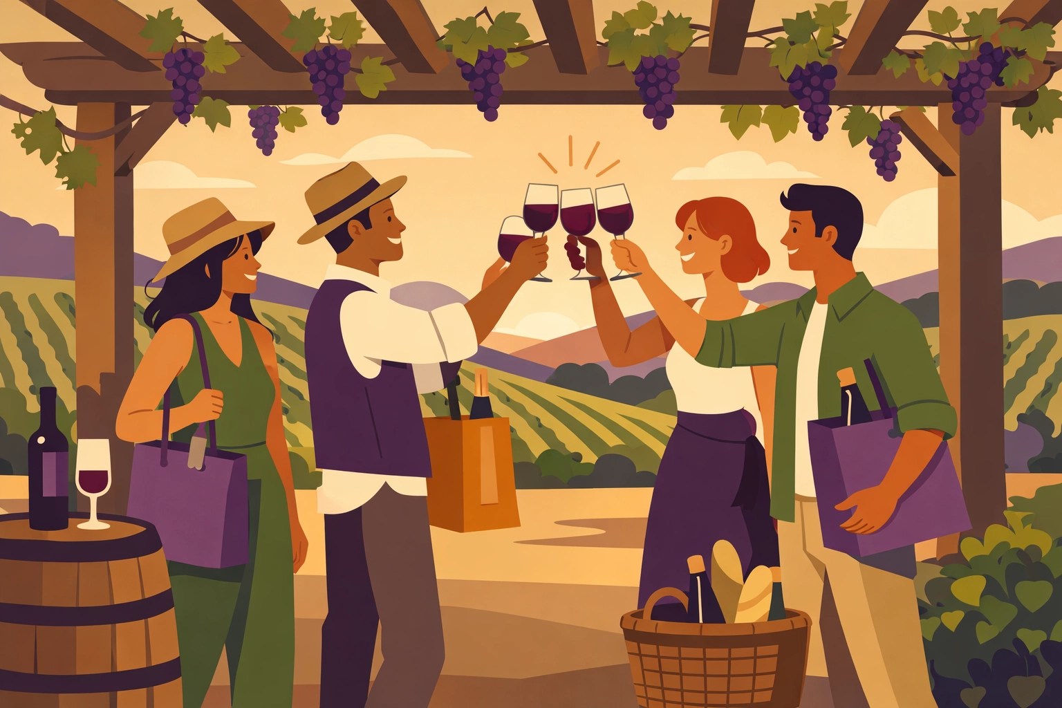 Group of friends clinking glasses and enjoying a curated winery tour experience in Northern Virginia.