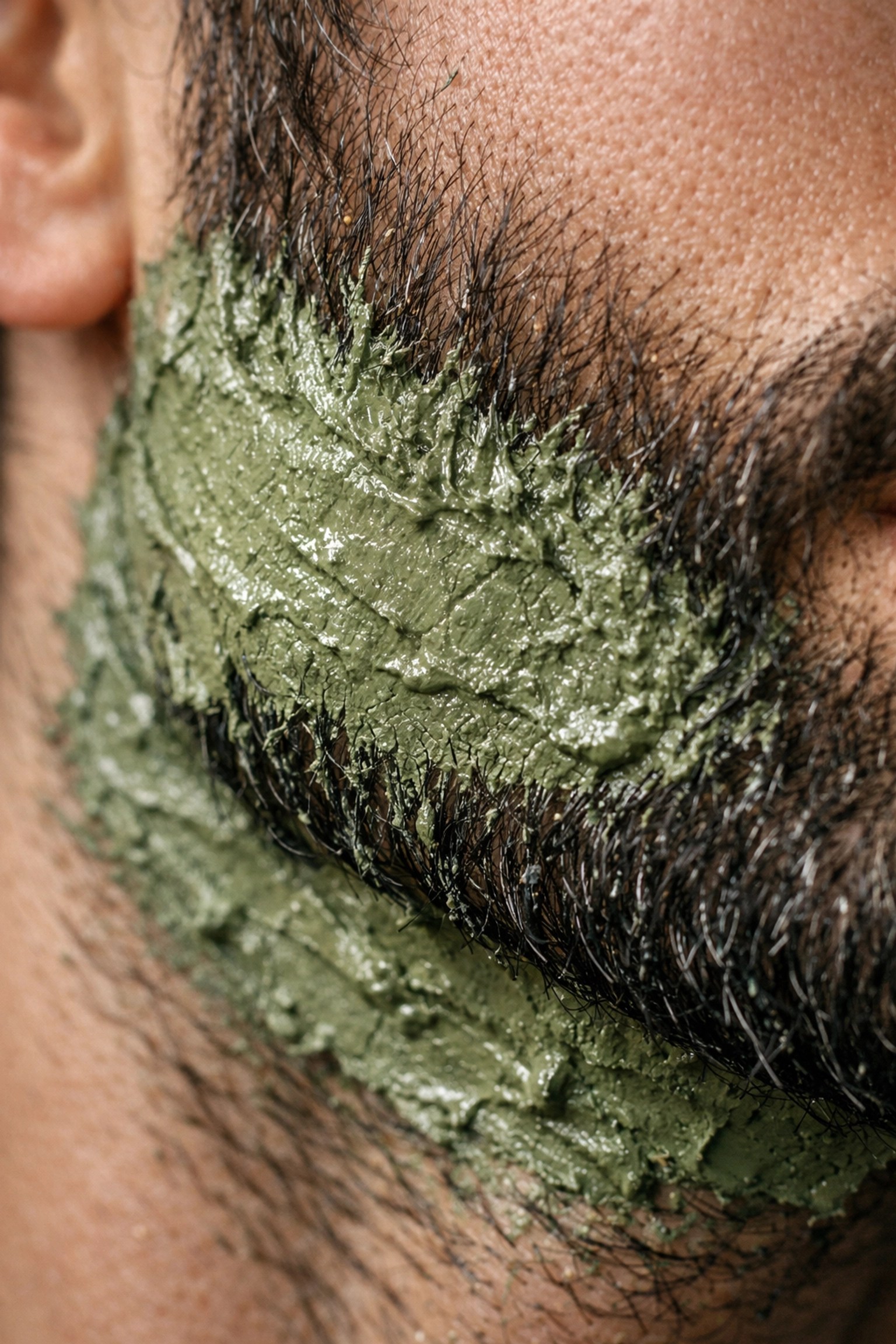 A man applying mineral-rich French green clay mask to his beard and jawline for a deep skin detox.