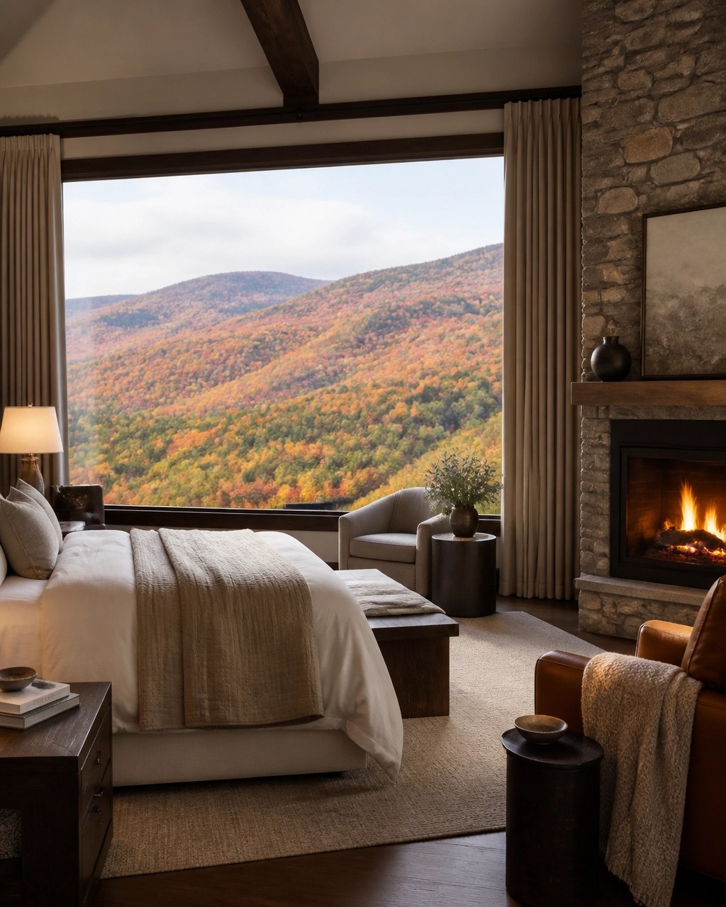 Upscale Catskills lodge suite with a picture window overlooking colorful autumn mountains