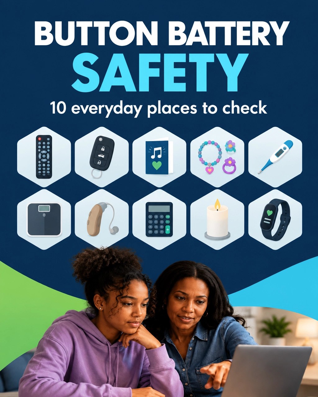 Pinterest graphic: Button Battery Safety, 10 everyday places to check, with household gadget icons and parent-child illustration