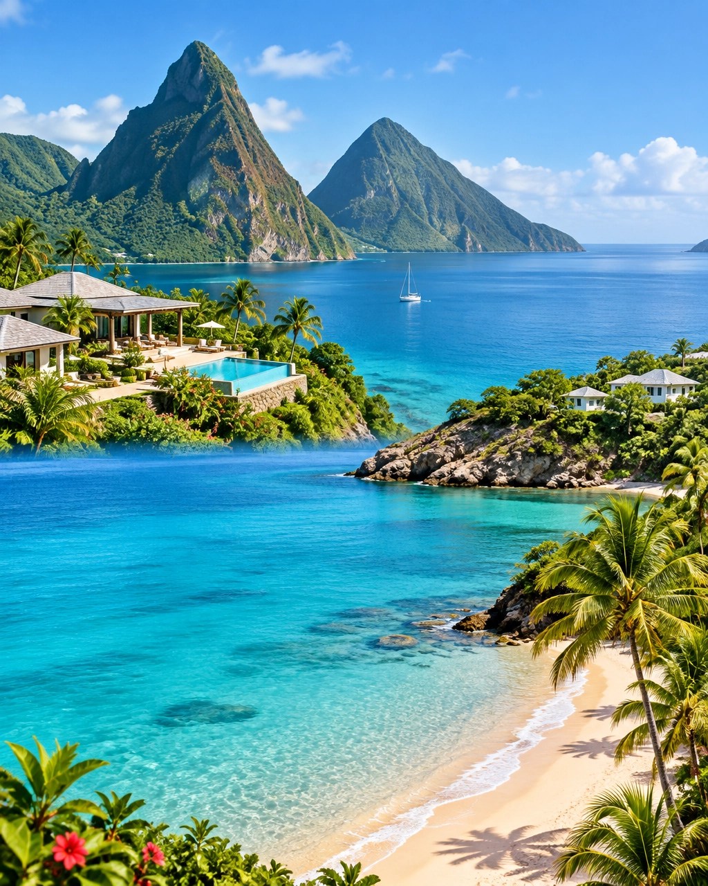 St Lucia Pitons rising behind a calm turquoise bay, paired with a quiet Antigua beach cove