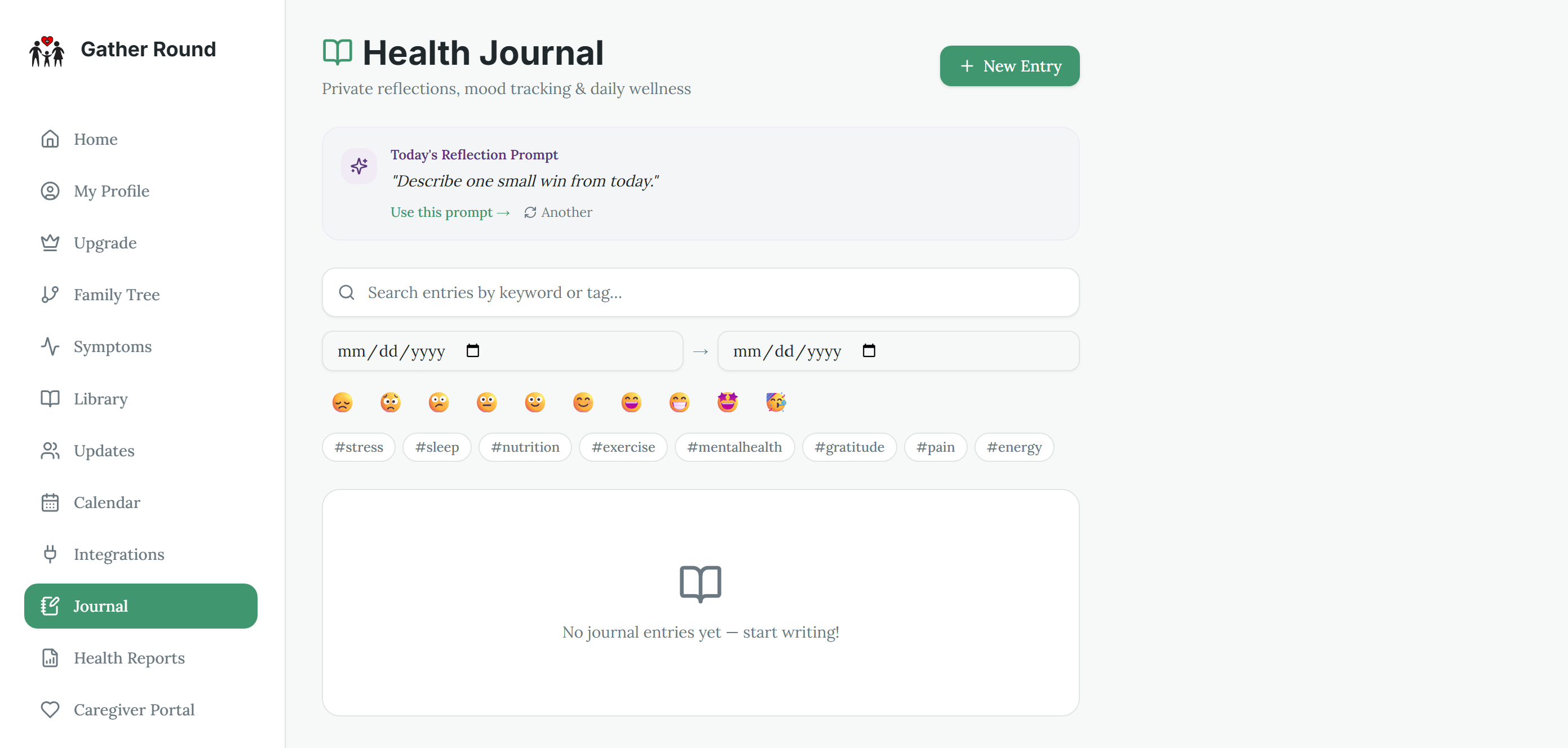 Gather Round PHA app interface supporting daily wellness tracking and reflection