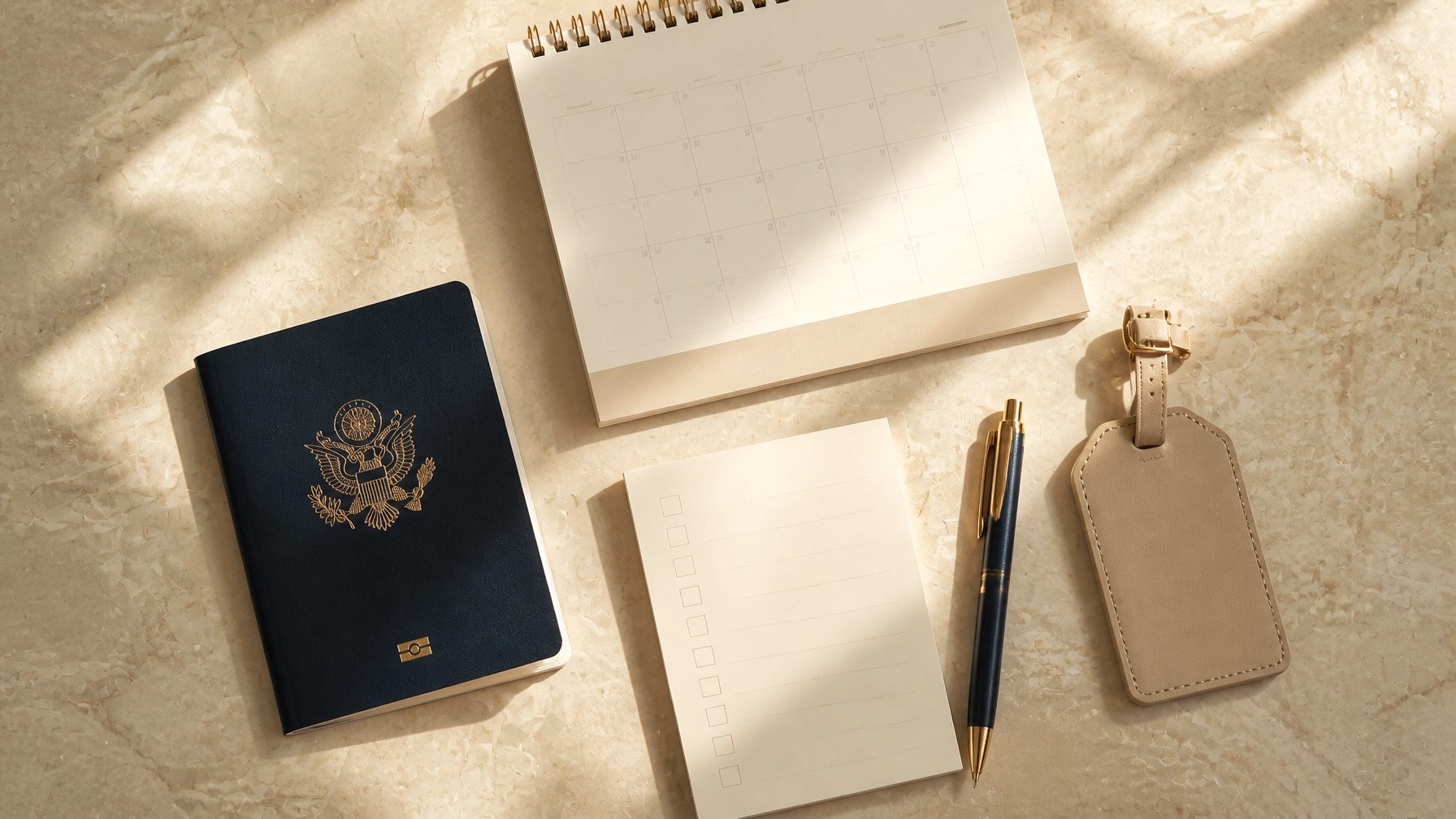 Elegant passport, calendar, pen, and blank checklist card arranged on a sunlit cream surface