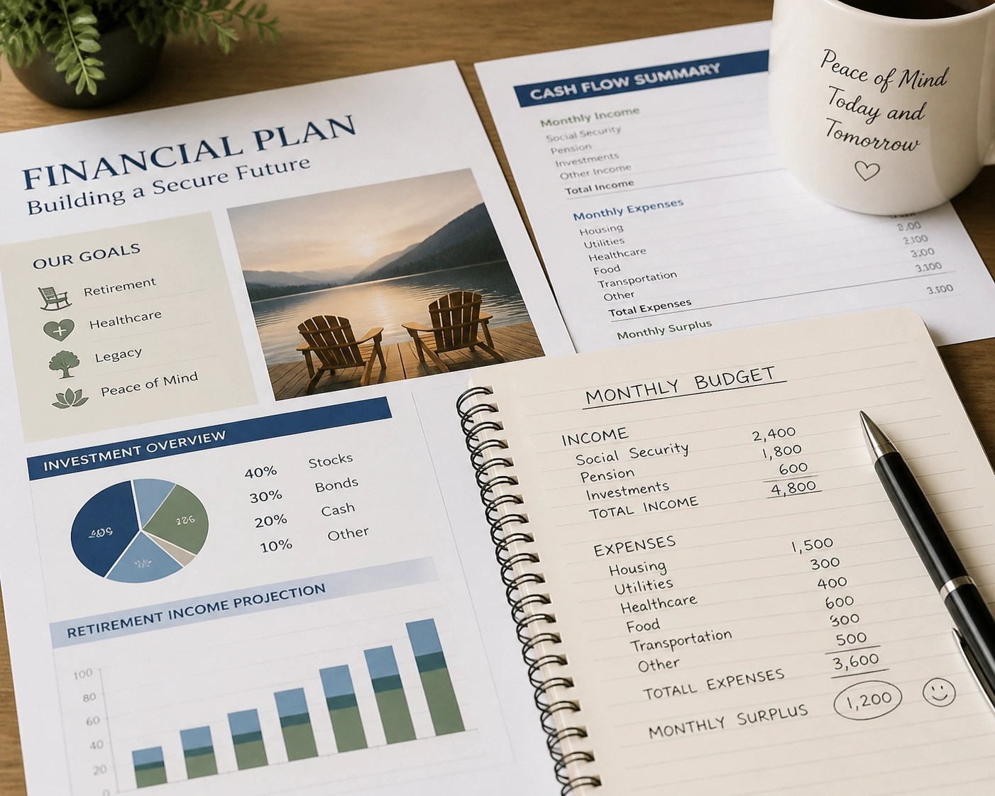 A close-up shot of financial planning documents, a notepad with budget calculations, and a pen on a clean wooden table