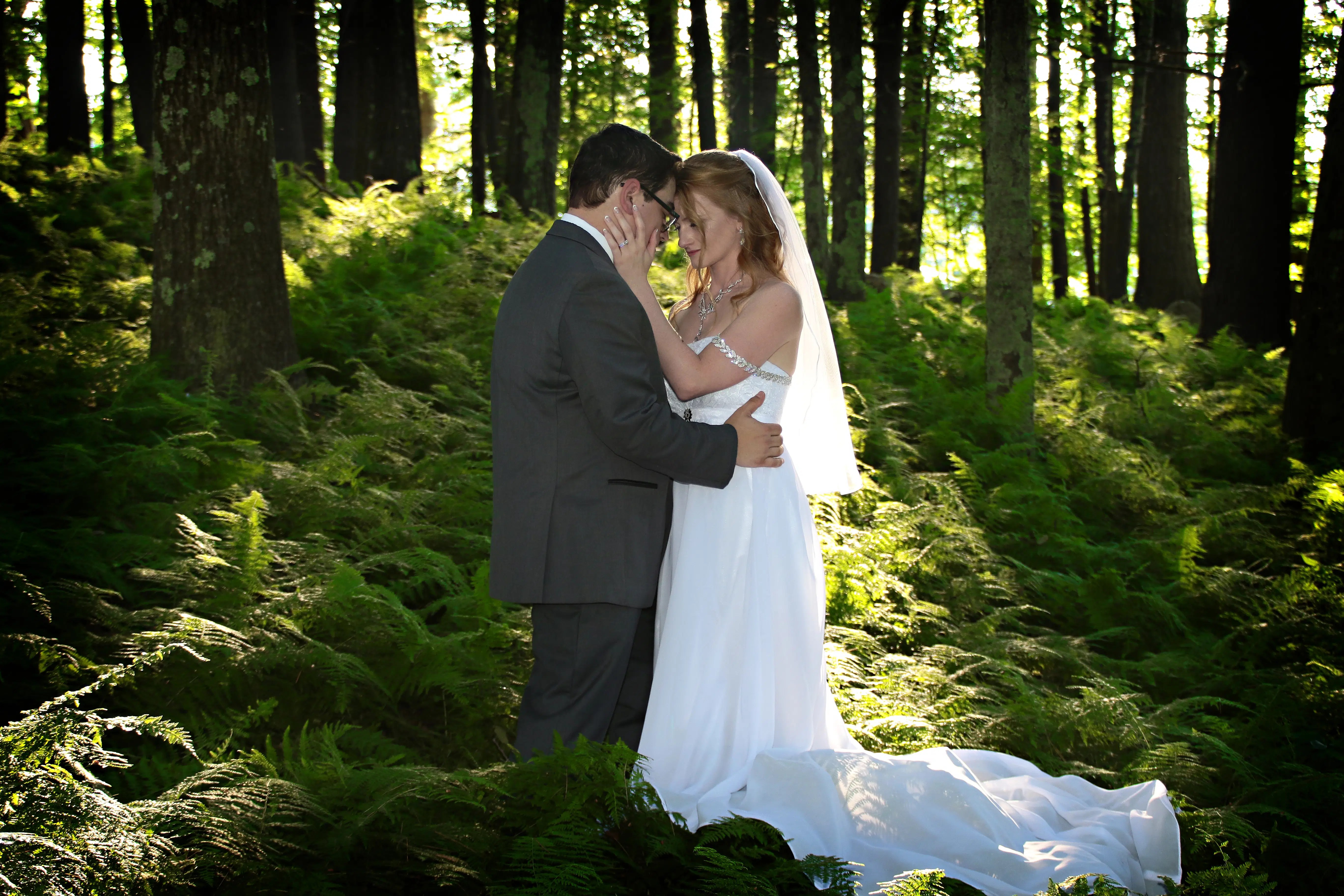 A bride and groom share a quiet, intimate moment in a sunlit forest, surrounded by lush green ferns