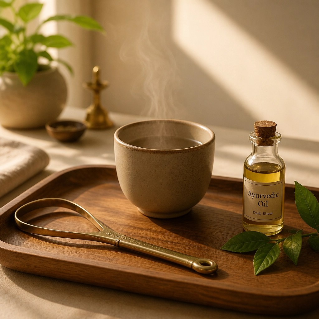 A serene morning scene with a metal tongue scraper and a cup of steaming water, symbolizing the Ayurvedic daily routine.