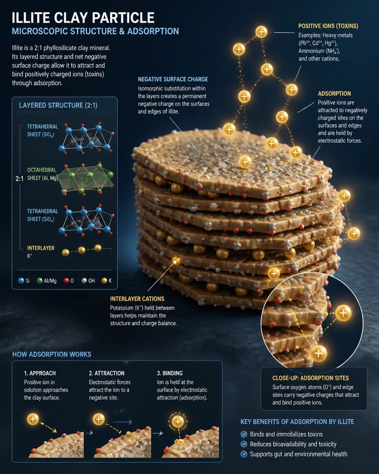 Microscopic structure representation of clay particles binding to toxins