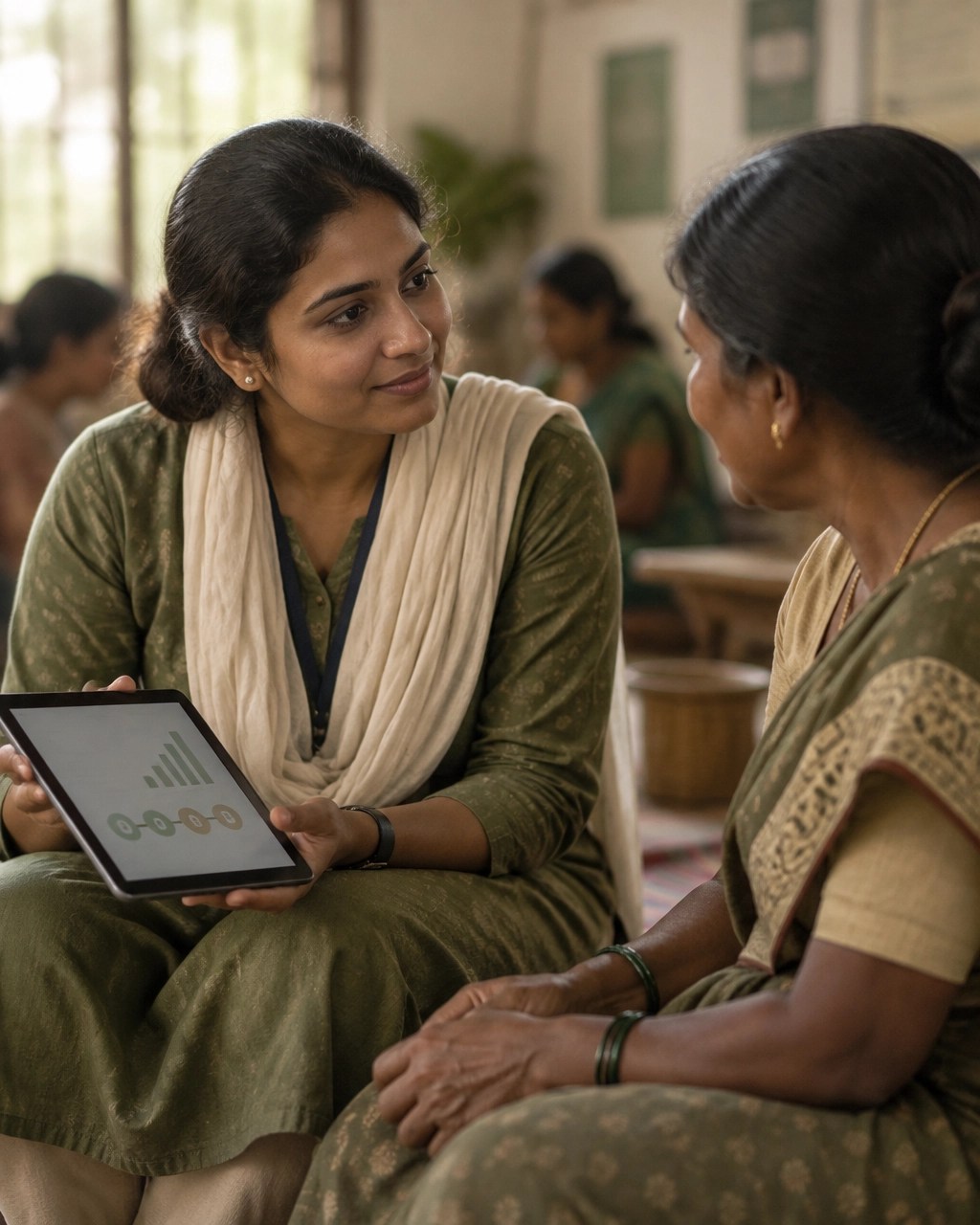 An NGO worker listens to a community member during a calm conversation at a community center