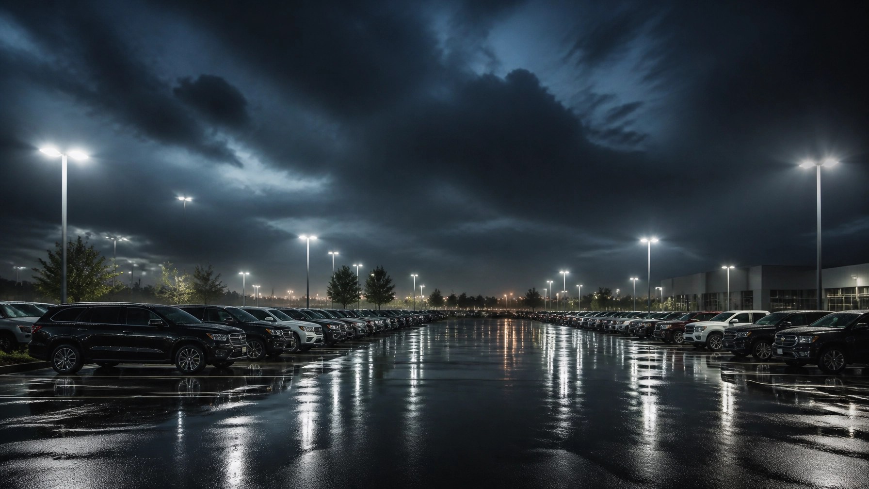 Empty dealership lot at night after a storm with wet asphalt reflections