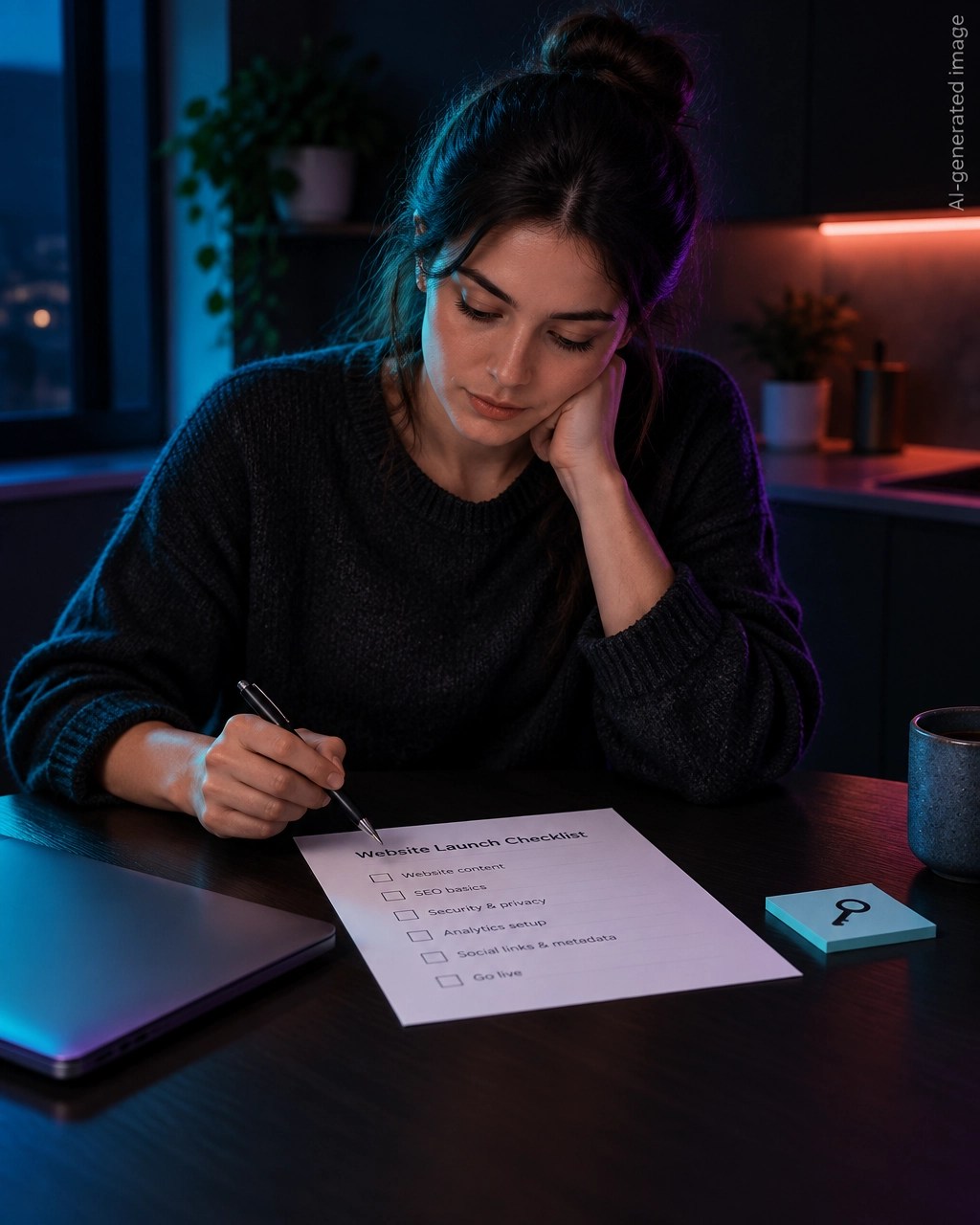 Founder reviewing a simple website launch checklist beside a laptop