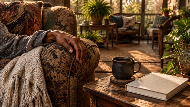 A lived-in corner with a dark coffee cup, a blank-covered book, a folded cream throw, and a Black woman's hand resting on a worn chair in warm window light