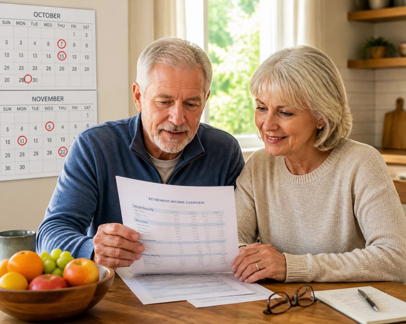 Senior couple reviewing Medicare ANOC documents and calendar to prepare for the Open Enrollment period.