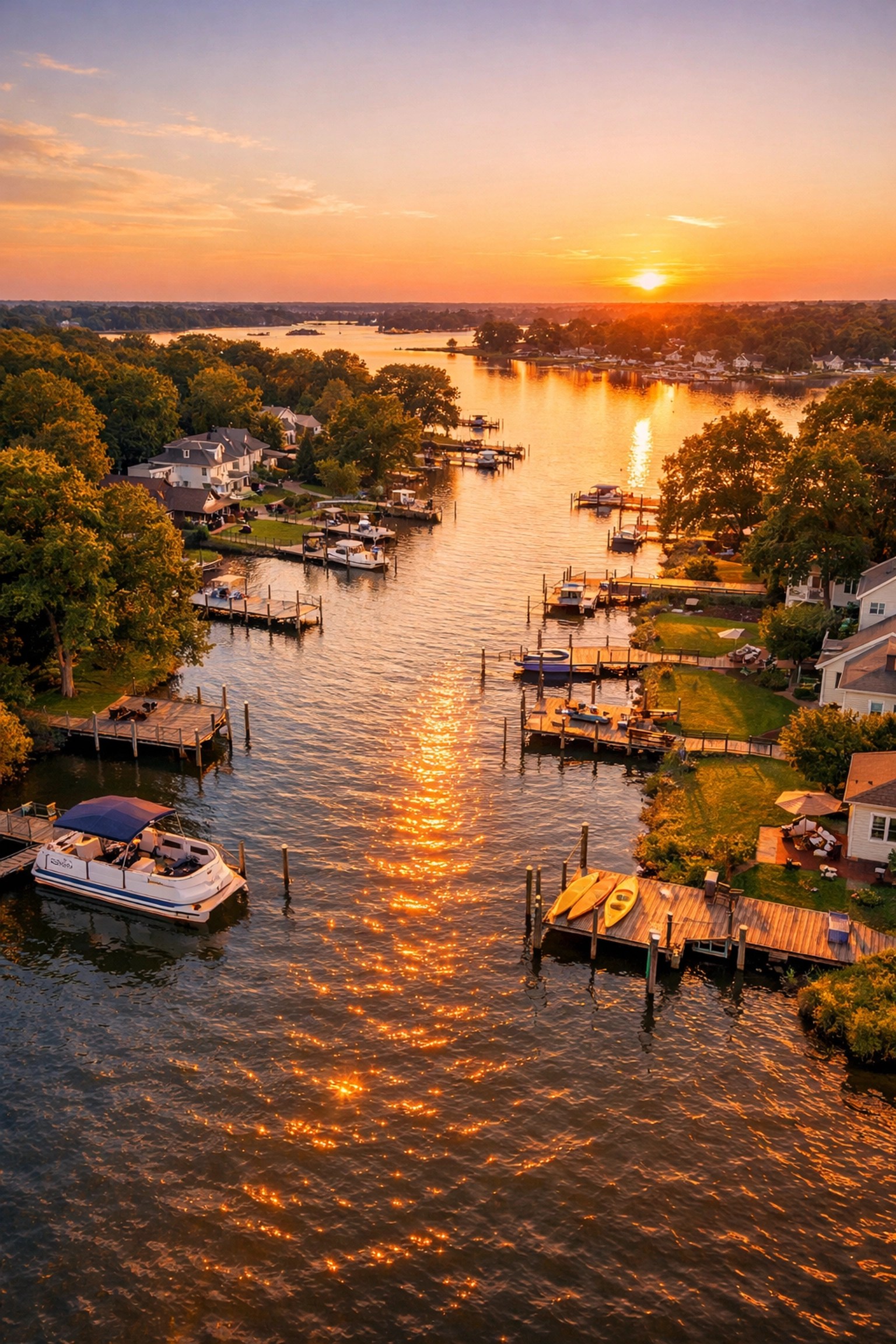 Aerial drone view of waterfront homes with private boat docks in Middle River, Maryland.