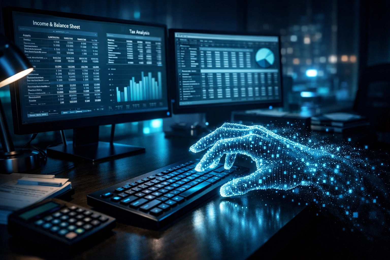 Digital shadow reaching for a finance workstation, symbolizing AI-driven tax phishing attacks on office computers.