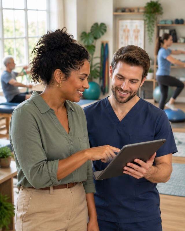 Physical therapy clinic administrator and therapist reviewing scheduling and referral information