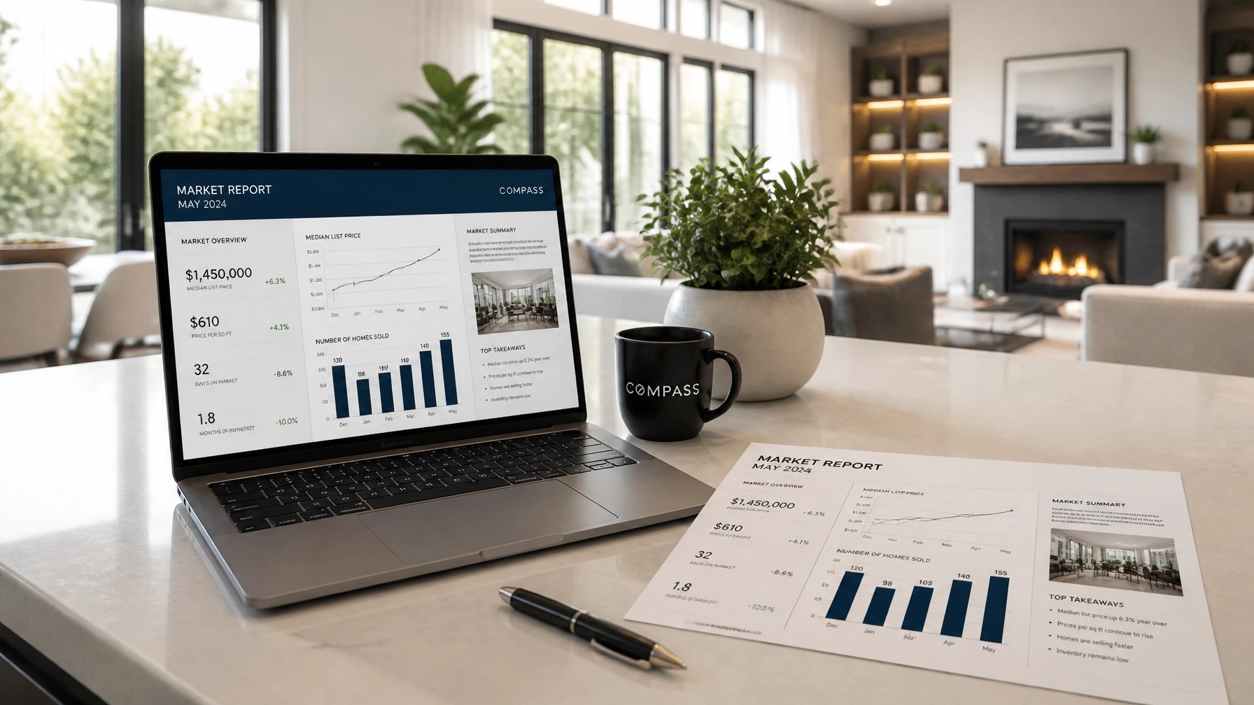 Modern home office with a laptop and real estate market report