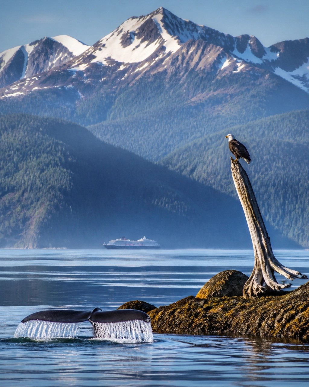 A humpback whale tail and bald eagle set against Alaska’s forested fjords and snow-streaked mountains
