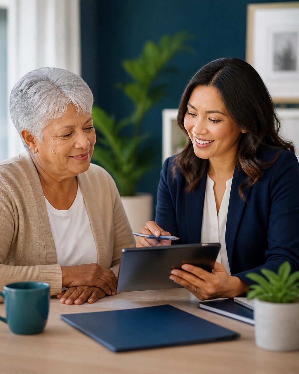Senior woman comparing two final expense insurance options with a professional advisor